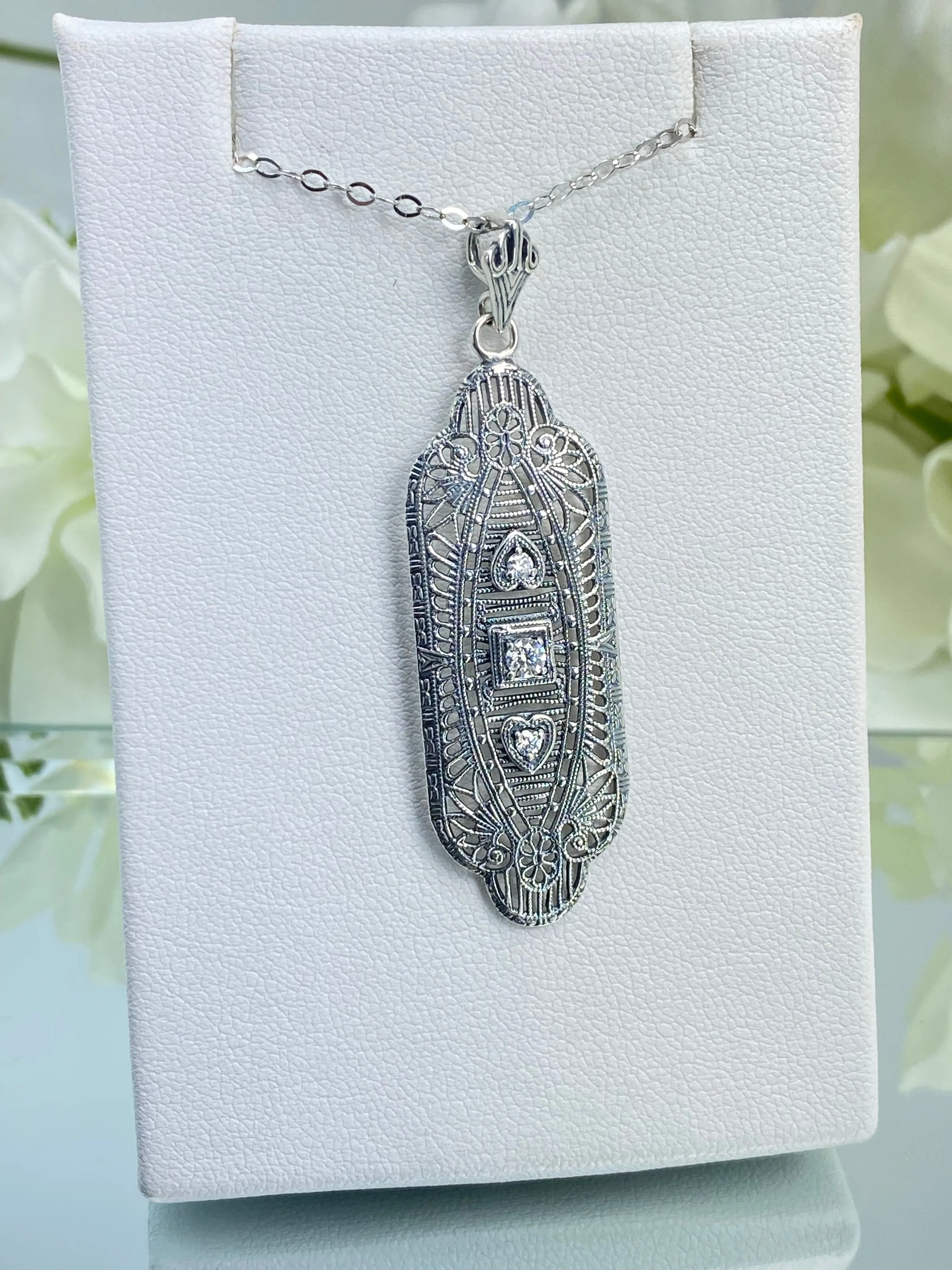 Faux Diamond Angel Wing Pendant Necklace, Moissanite or Cubic Zirconia Gemstones, Vintage Revival Jewelry #P359