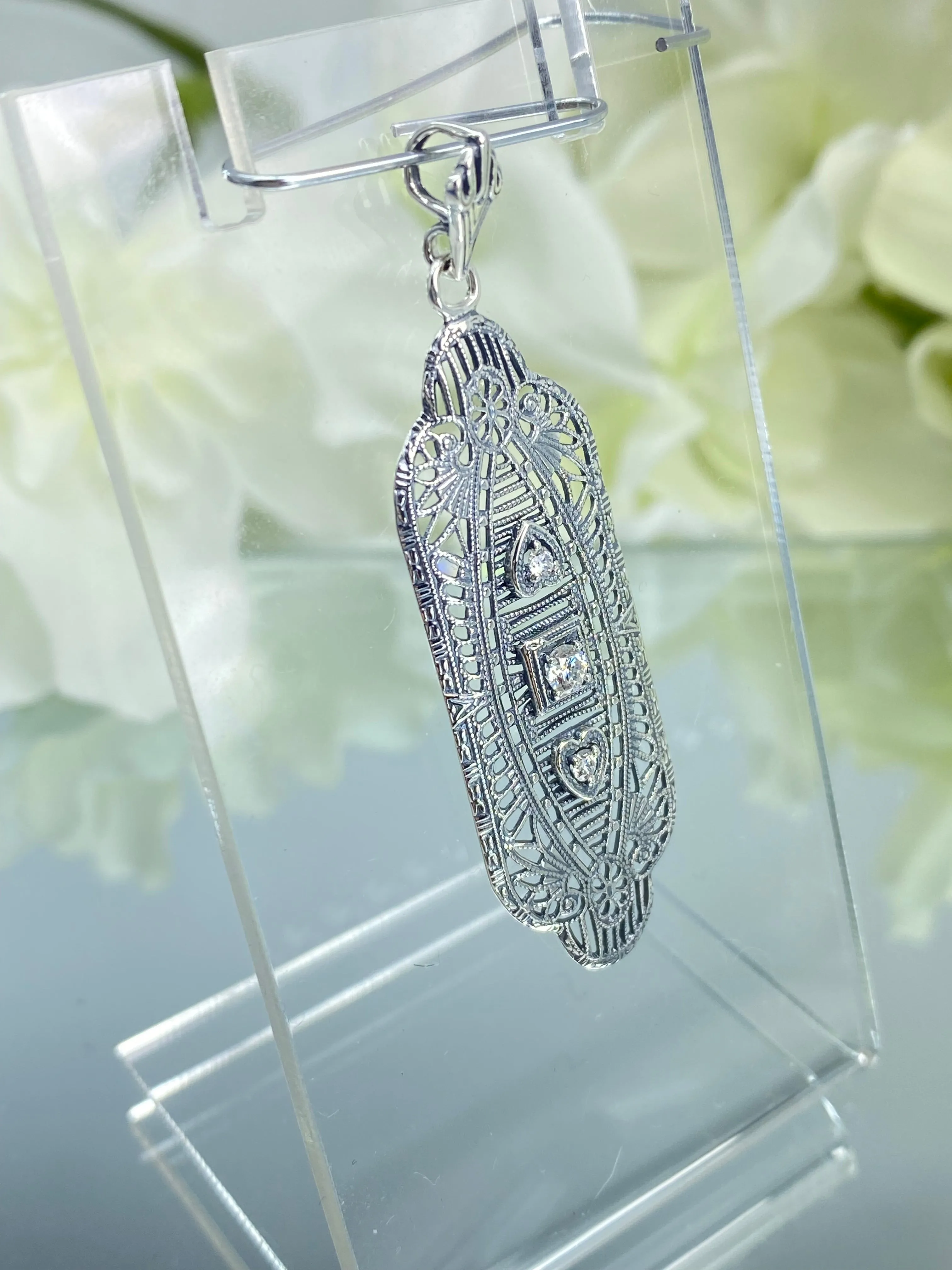 Faux Diamond Angel Wing Pendant Necklace, Moissanite or Cubic Zirconia Gemstones, Vintage Revival Jewelry #P359