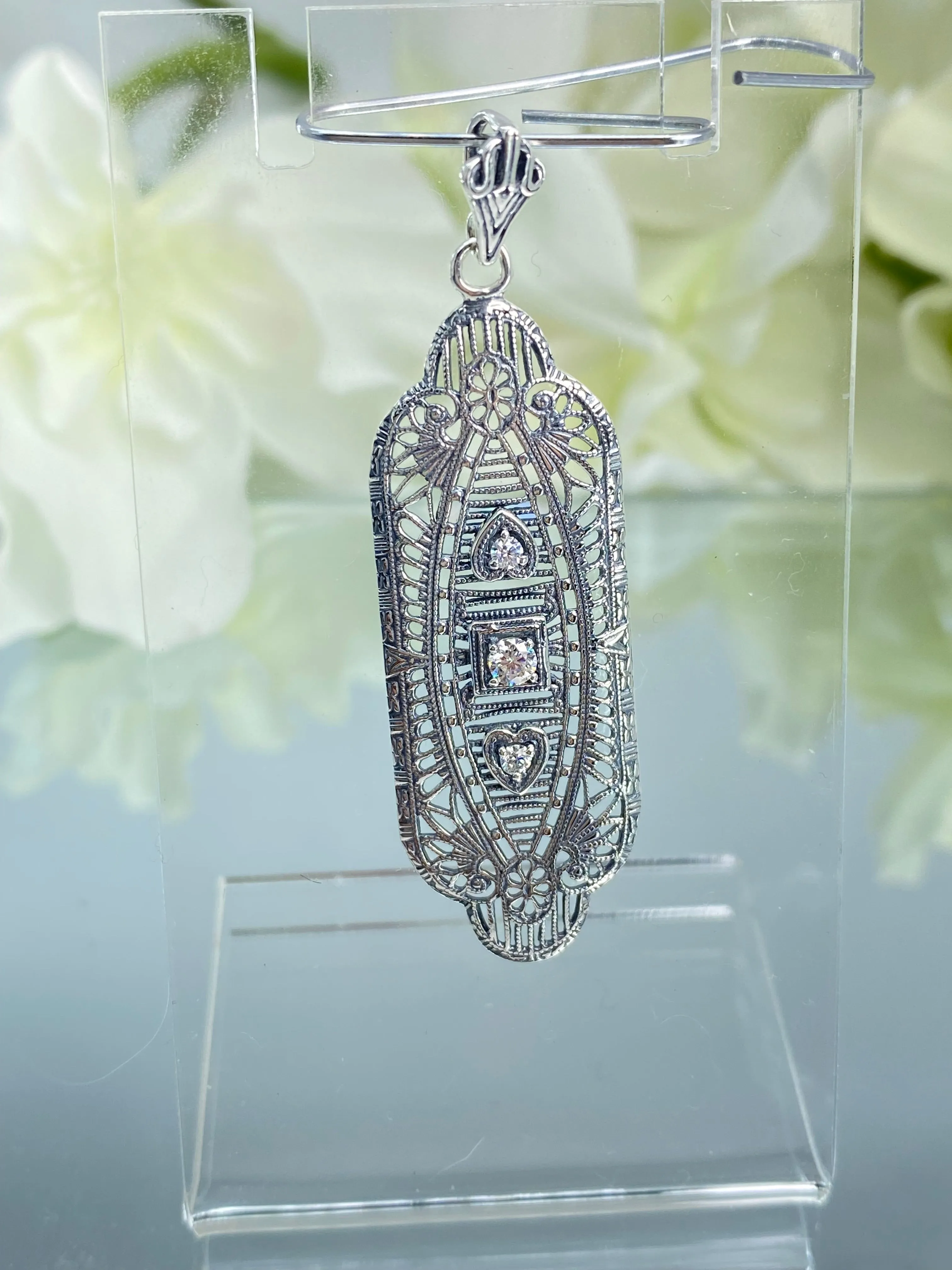 Faux Diamond Angel Wing Pendant Necklace, Moissanite or Cubic Zirconia Gemstones, Vintage Revival Jewelry #P359