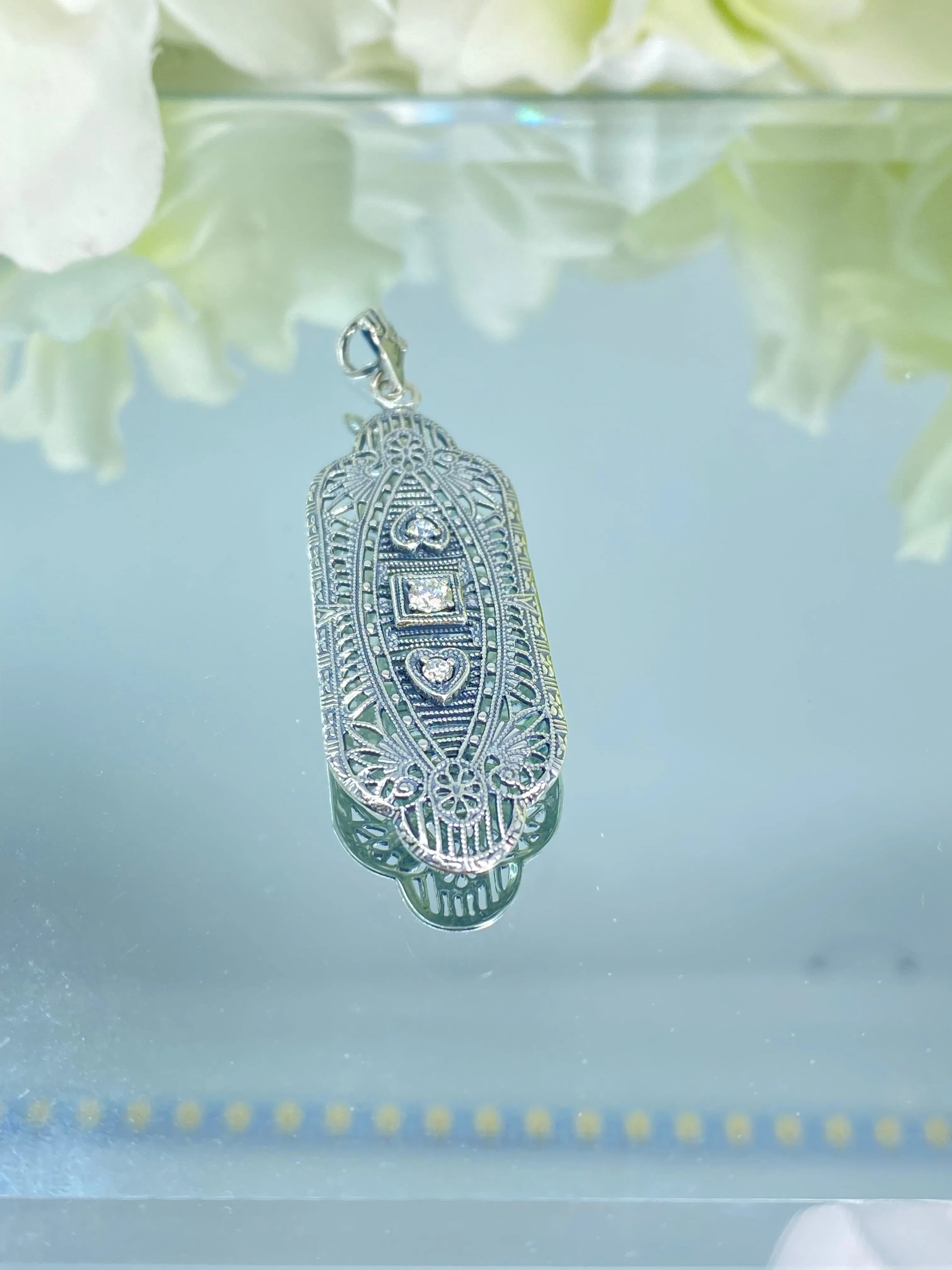 Faux Diamond Angel Wing Pendant Necklace, Moissanite or Cubic Zirconia Gemstones, Vintage Revival Jewelry #P359