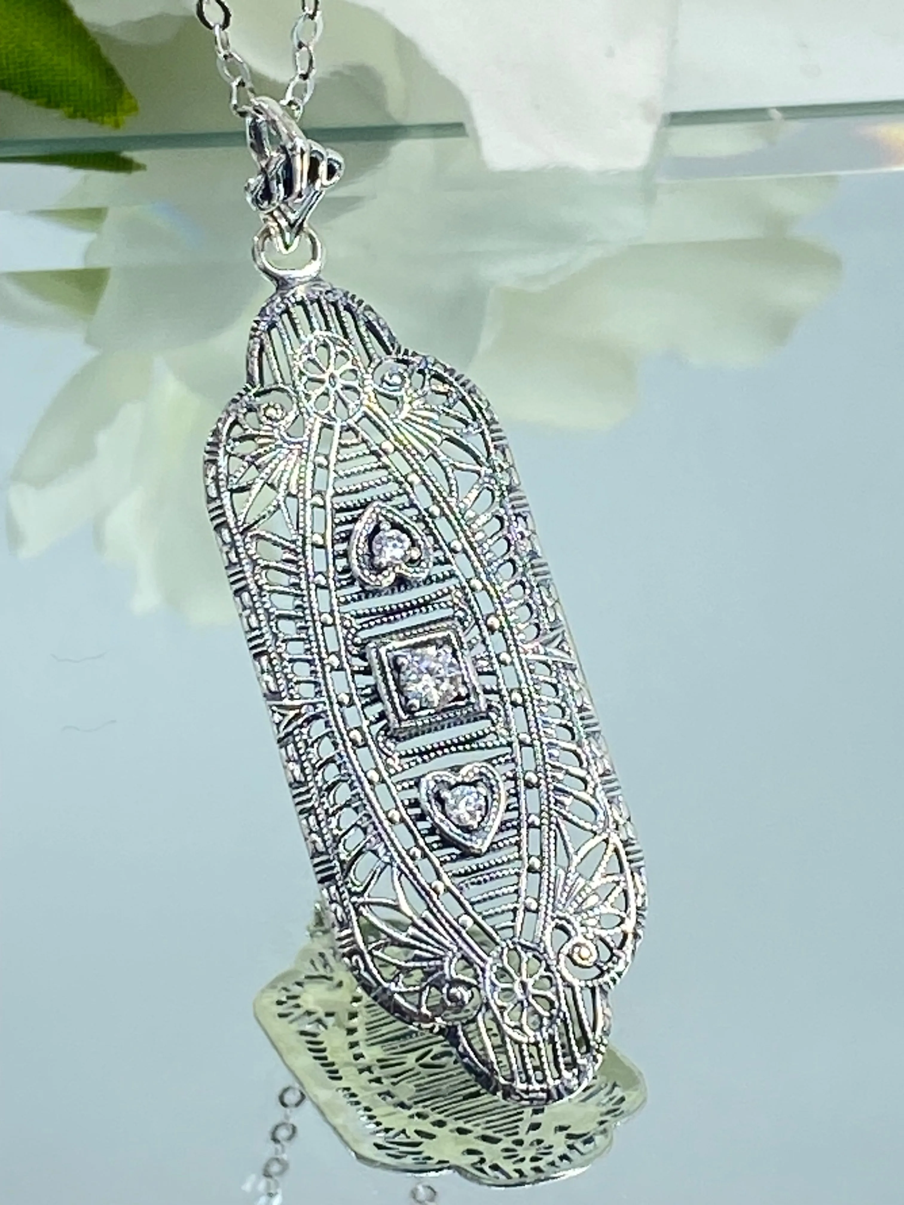 Faux Diamond Angel Wing Pendant Necklace, Moissanite or Cubic Zirconia Gemstones, Vintage Revival Jewelry #P359