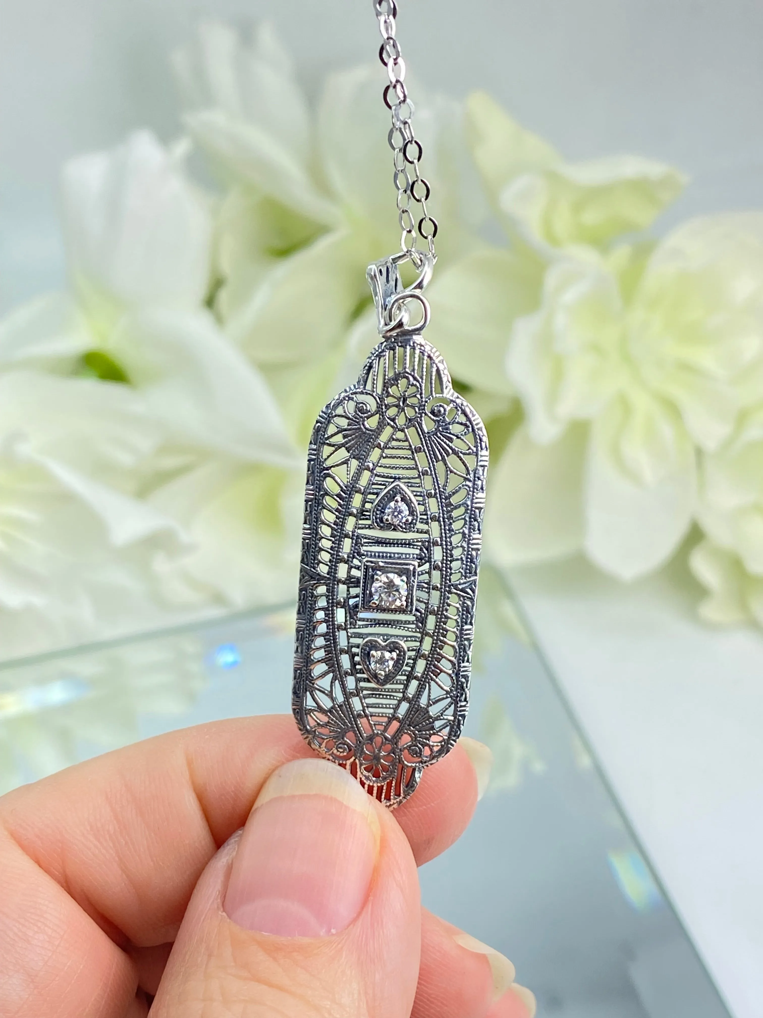 Faux Diamond Angel Wing Pendant Necklace, Moissanite or Cubic Zirconia Gemstones, Vintage Revival Jewelry #P359