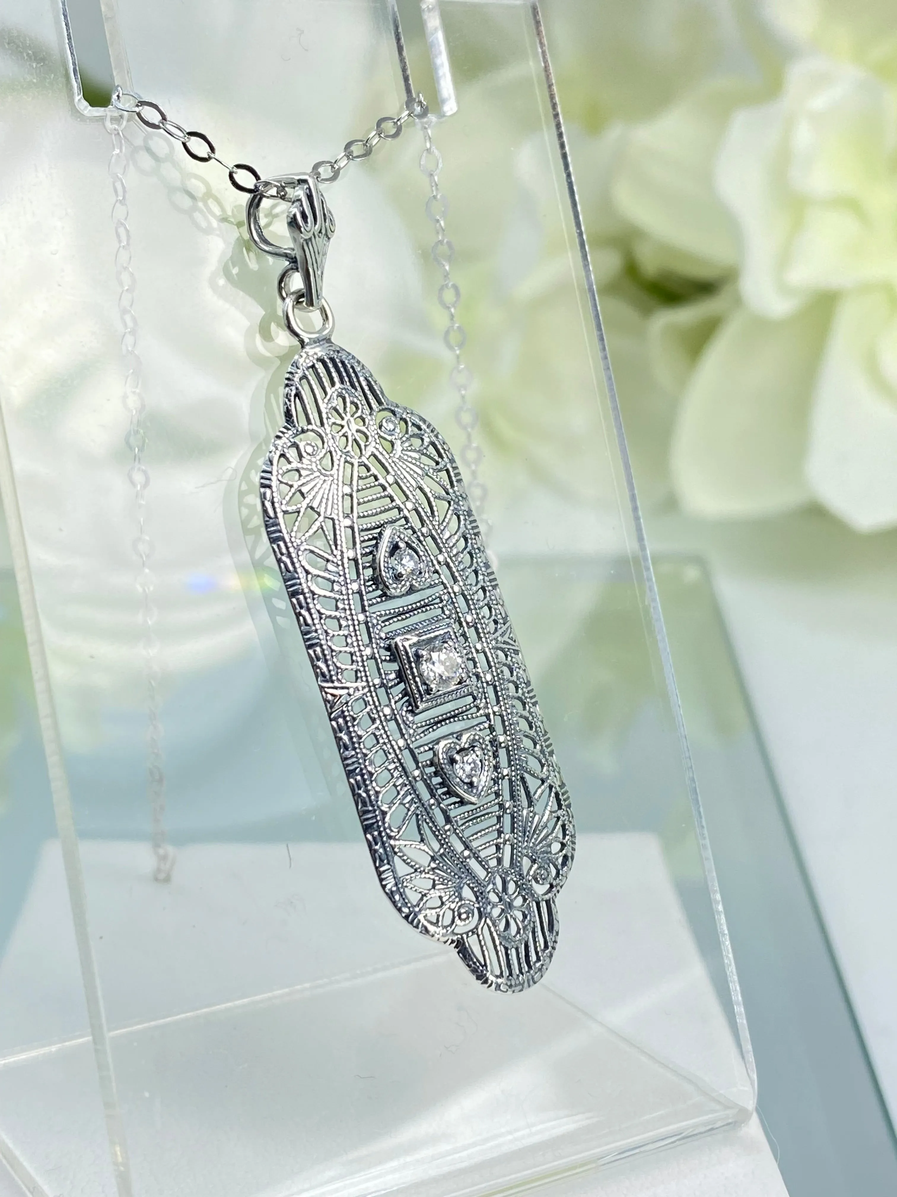 Faux Diamond Angel Wing Pendant Necklace, Moissanite or Cubic Zirconia Gemstones, Vintage Revival Jewelry #P359