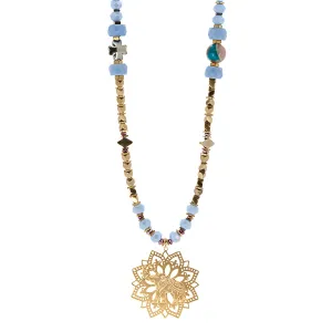 Filigree Lucky Elephant Pendant Blue Beaded Necklace