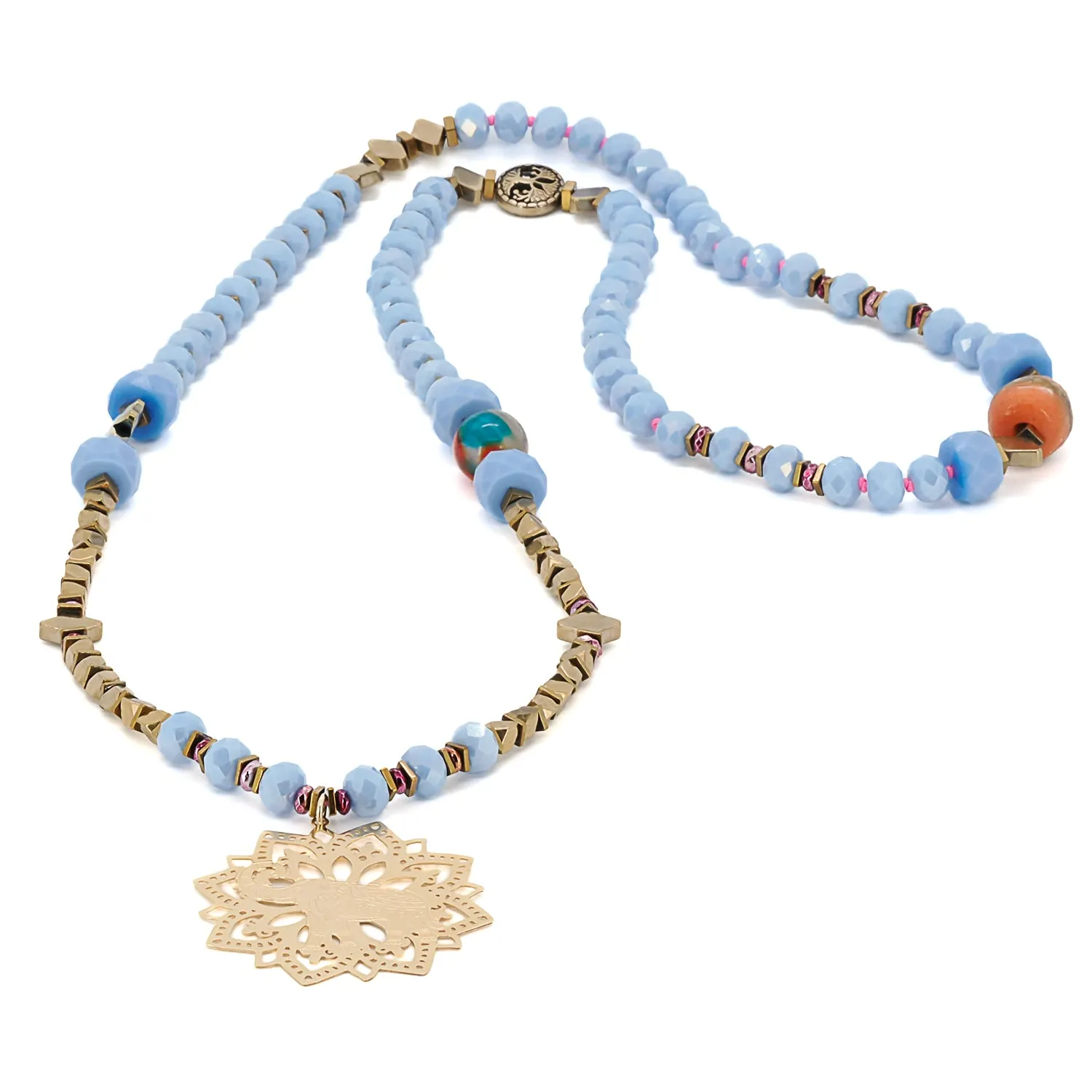 Filigree Lucky Elephant Pendant Blue Beaded Necklace