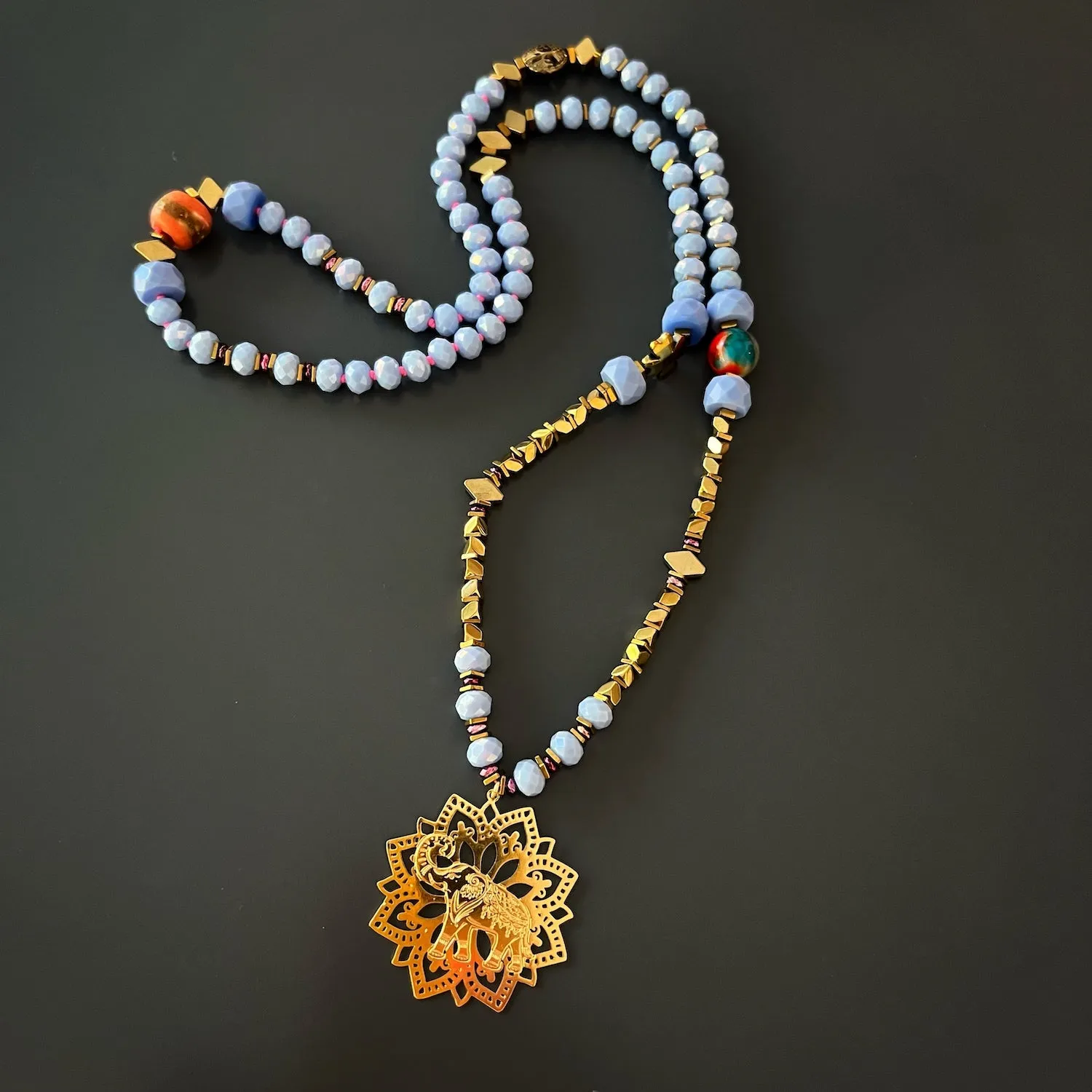 Filigree Lucky Elephant Pendant Blue Beaded Necklace