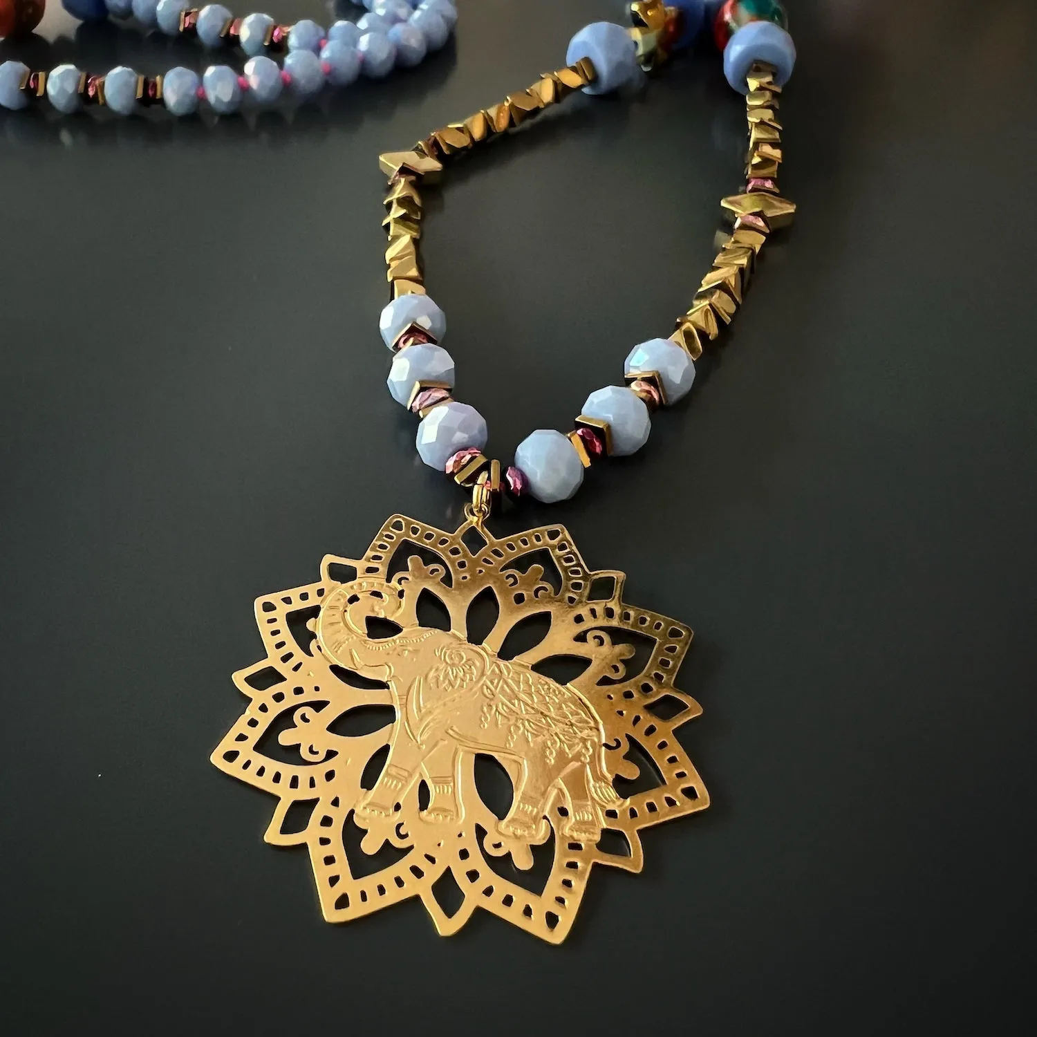 Filigree Lucky Elephant Pendant Blue Beaded Necklace