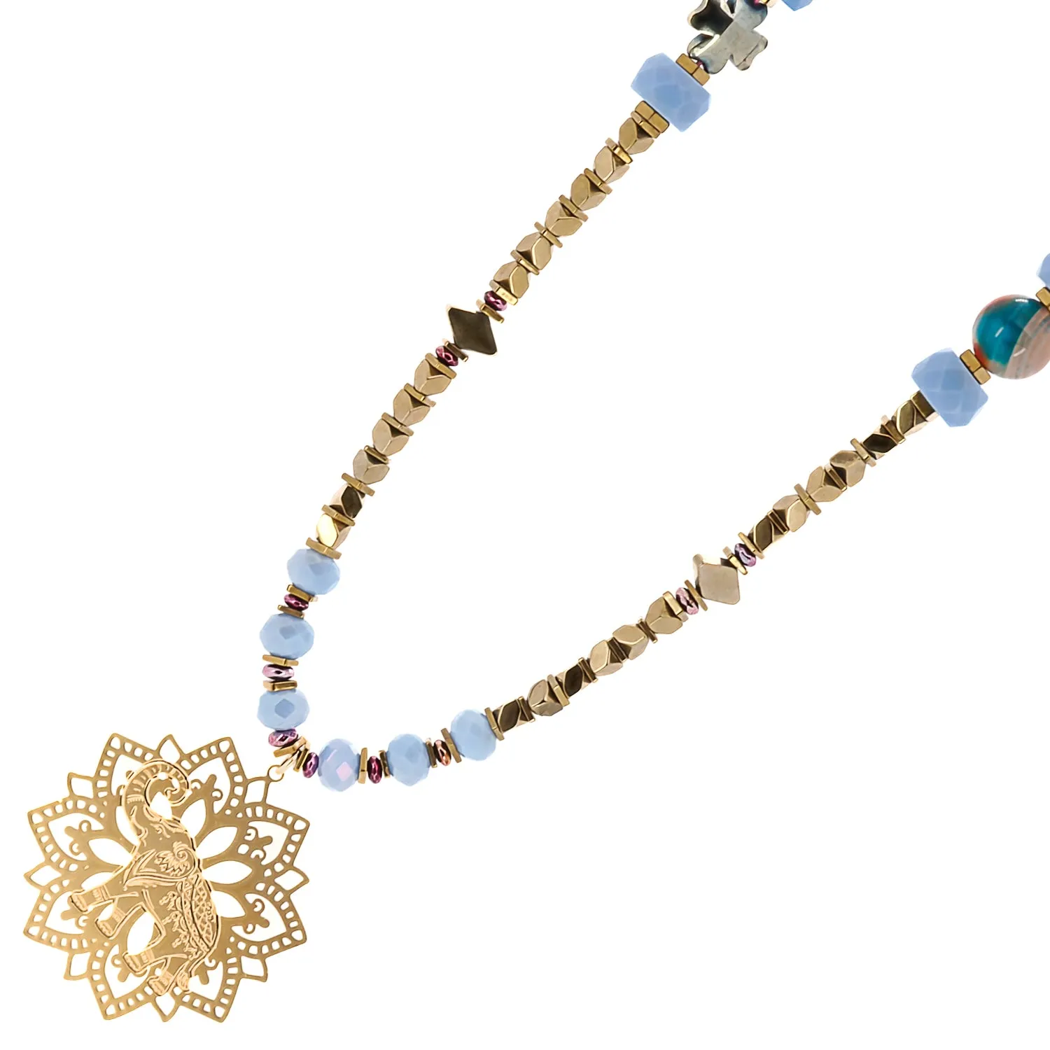 Filigree Lucky Elephant Pendant Blue Beaded Necklace