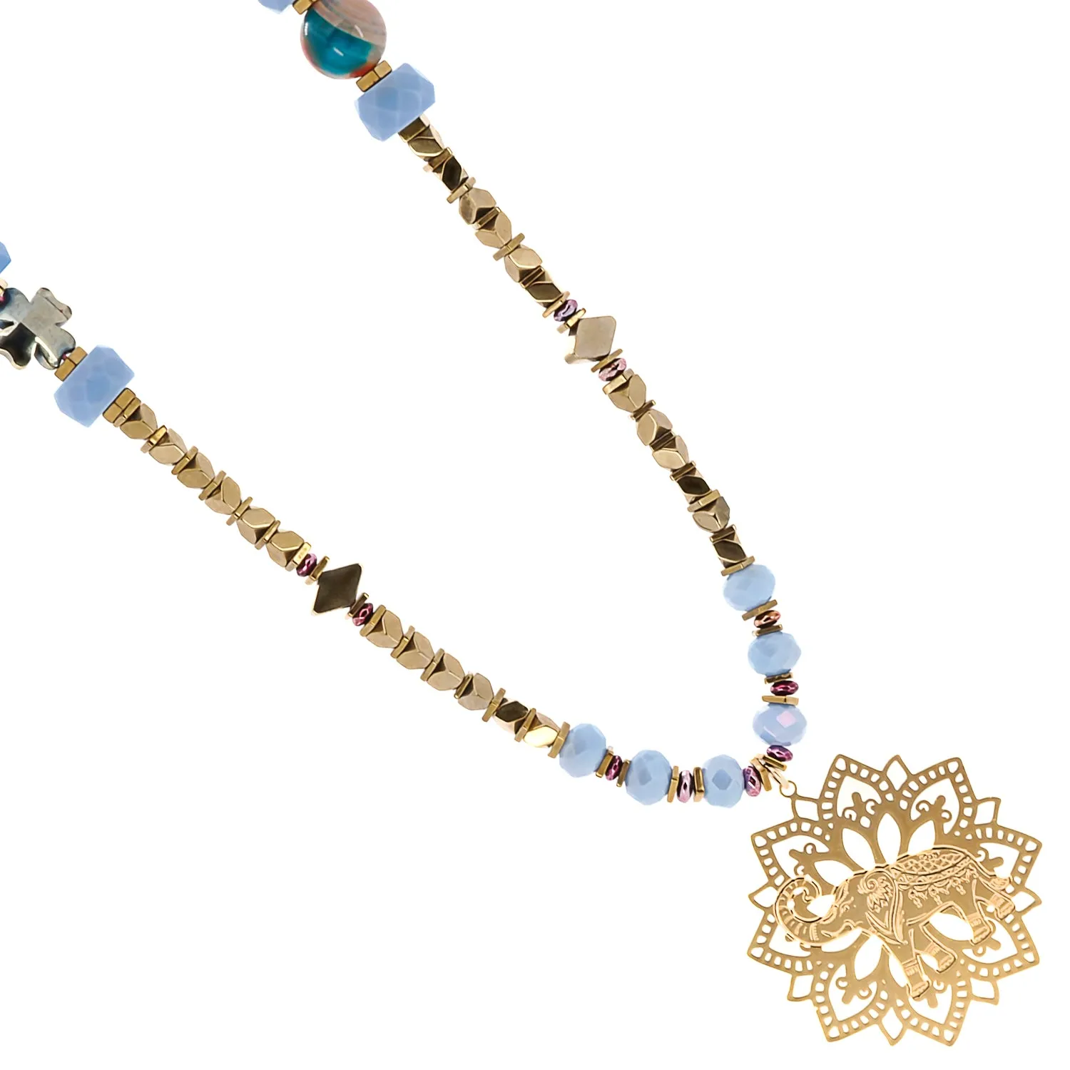 Filigree Lucky Elephant Pendant Blue Beaded Necklace