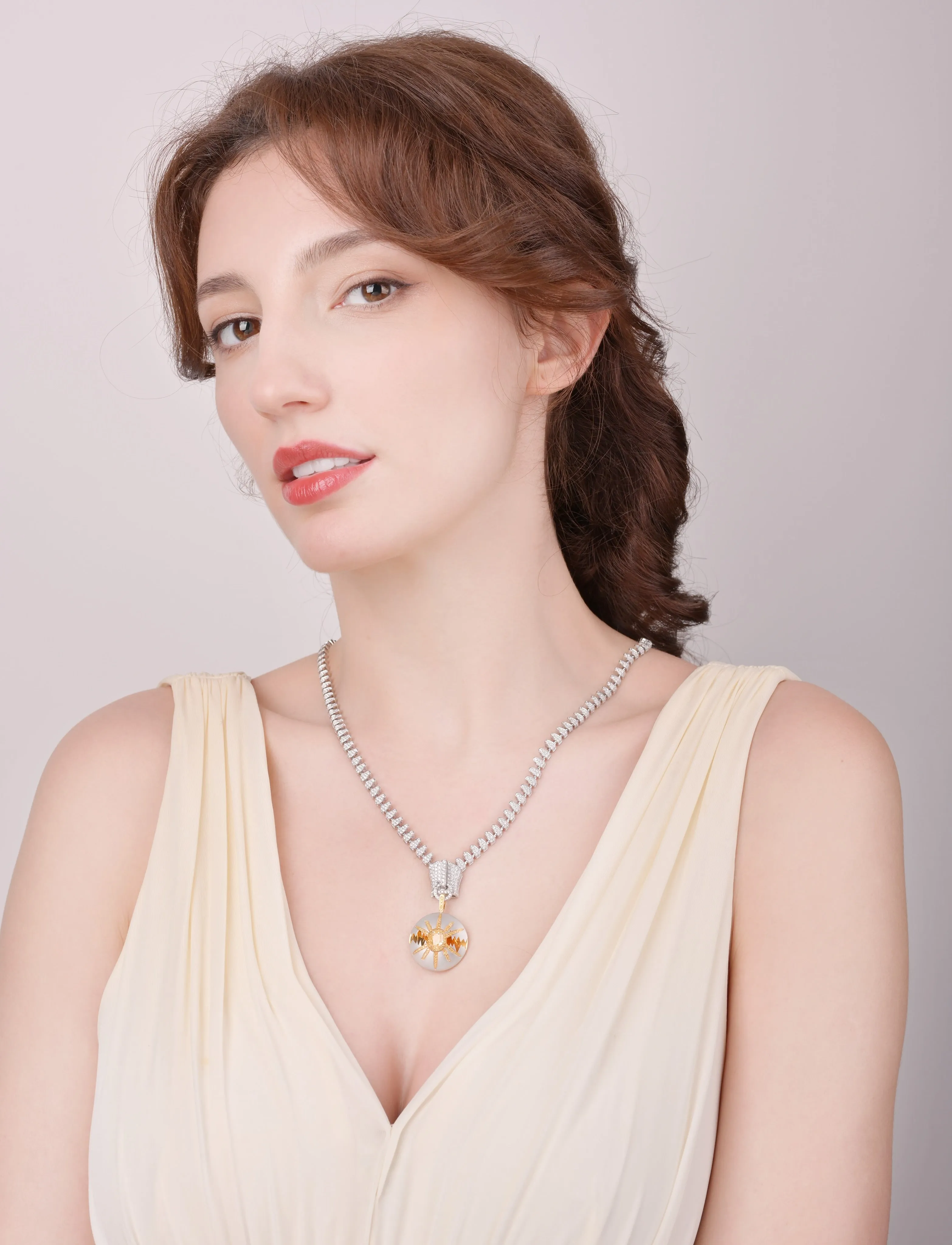 「Five Elements」Metal Zipper Diamond necklace with Yellow Diamond pendant/ring