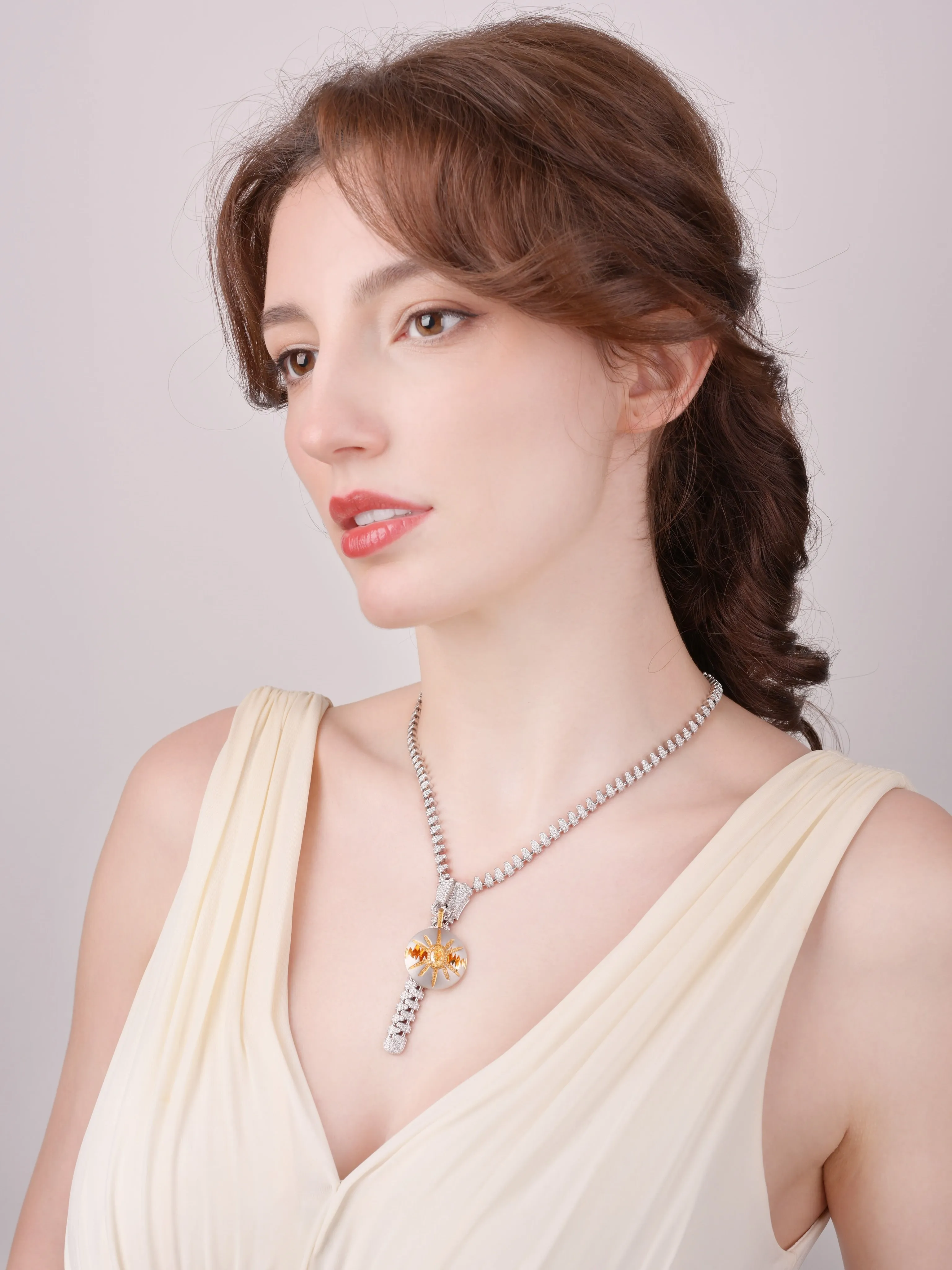 「Five Elements」Metal Zipper Diamond necklace with Yellow Diamond pendant/ring