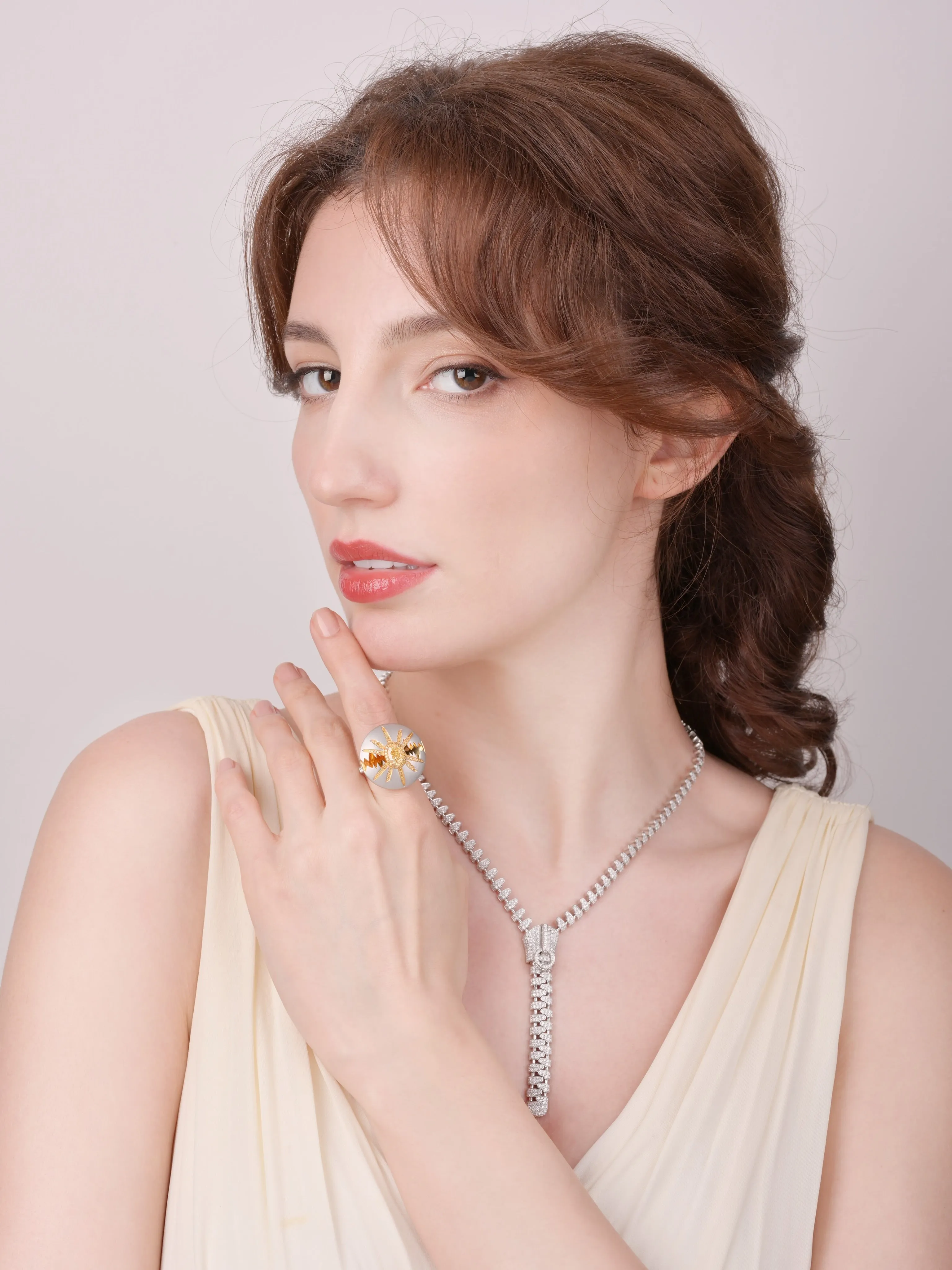 「Five Elements」Metal Zipper Diamond necklace with Yellow Diamond pendant/ring