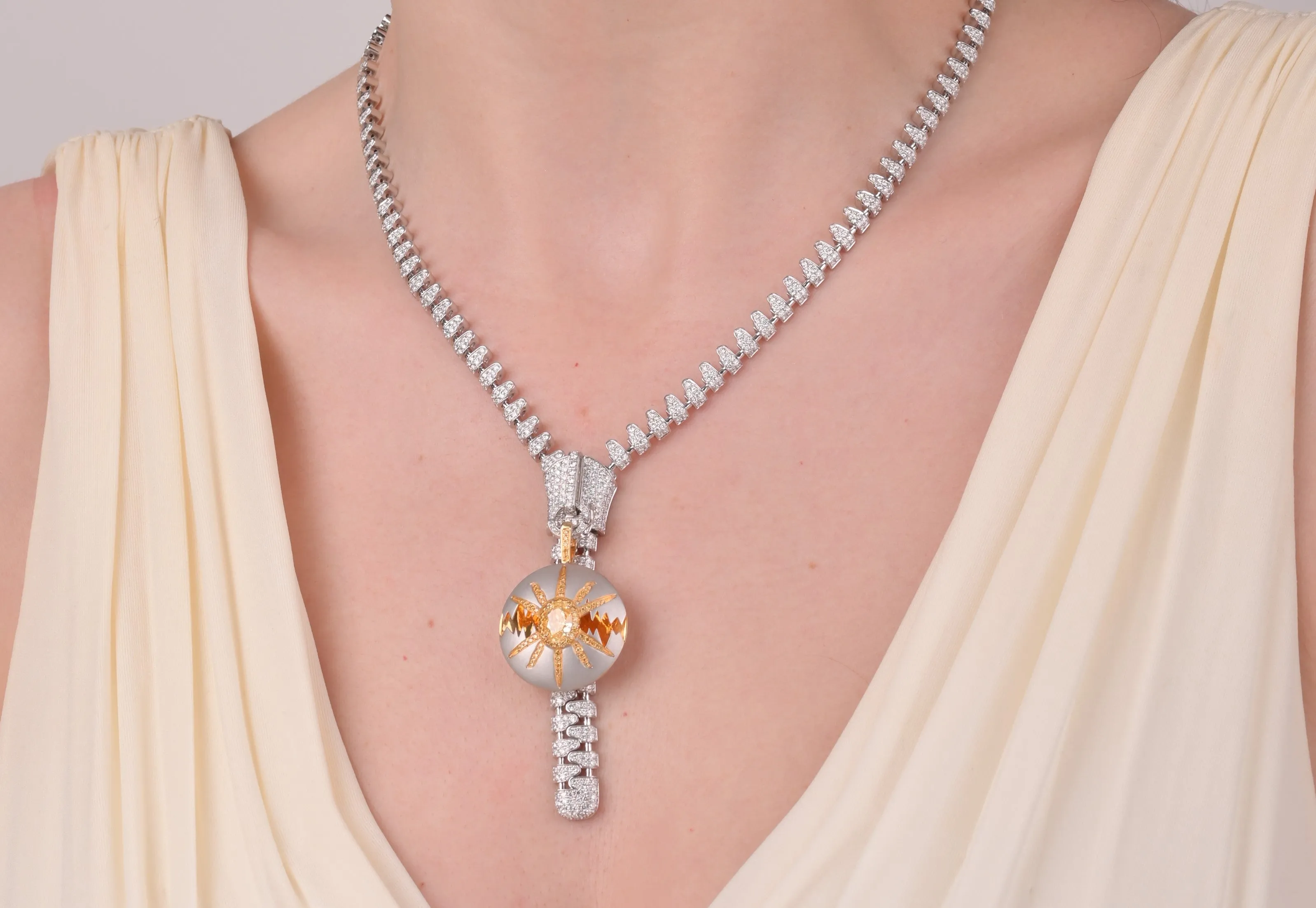 「Five Elements」Metal Zipper Diamond necklace with Yellow Diamond pendant/ring