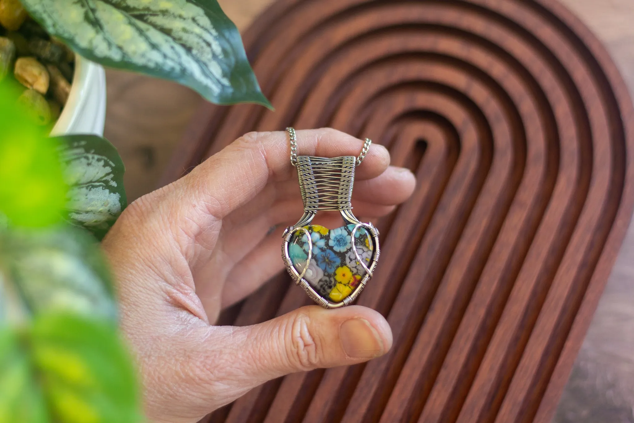 Floral Heart Fused Glass Pendant with Sterling Silver Wire Wrapping
