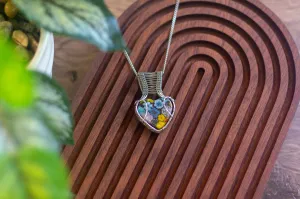 Floral Heart Fused Glass Pendant with Sterling Silver Wire Wrapping