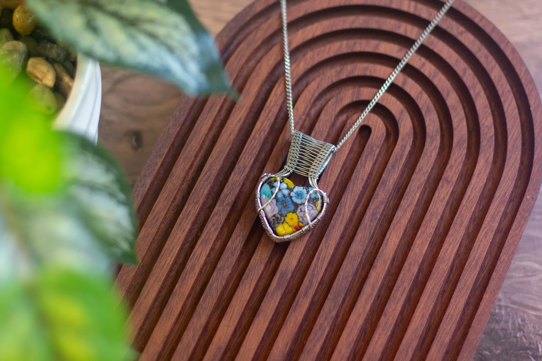 Floral Heart Fused Glass Pendant with Sterling Silver Wire Wrapping