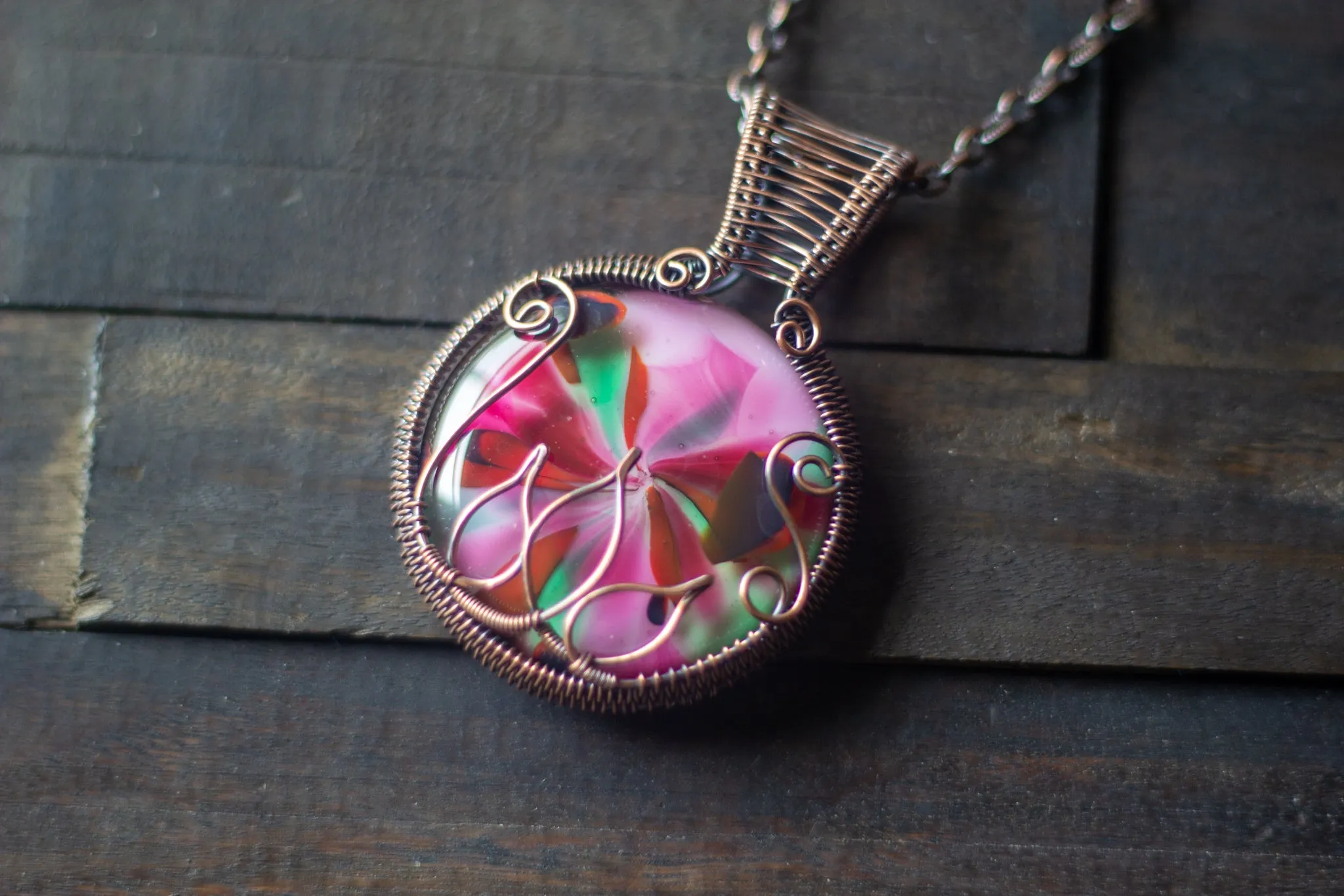 Flower In Bloom Pink and Green Fused Glass and Copper Wire Pendant