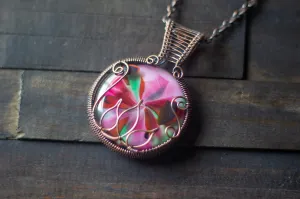 Flower In Bloom Pink and Green Fused Glass and Copper Wire Pendant