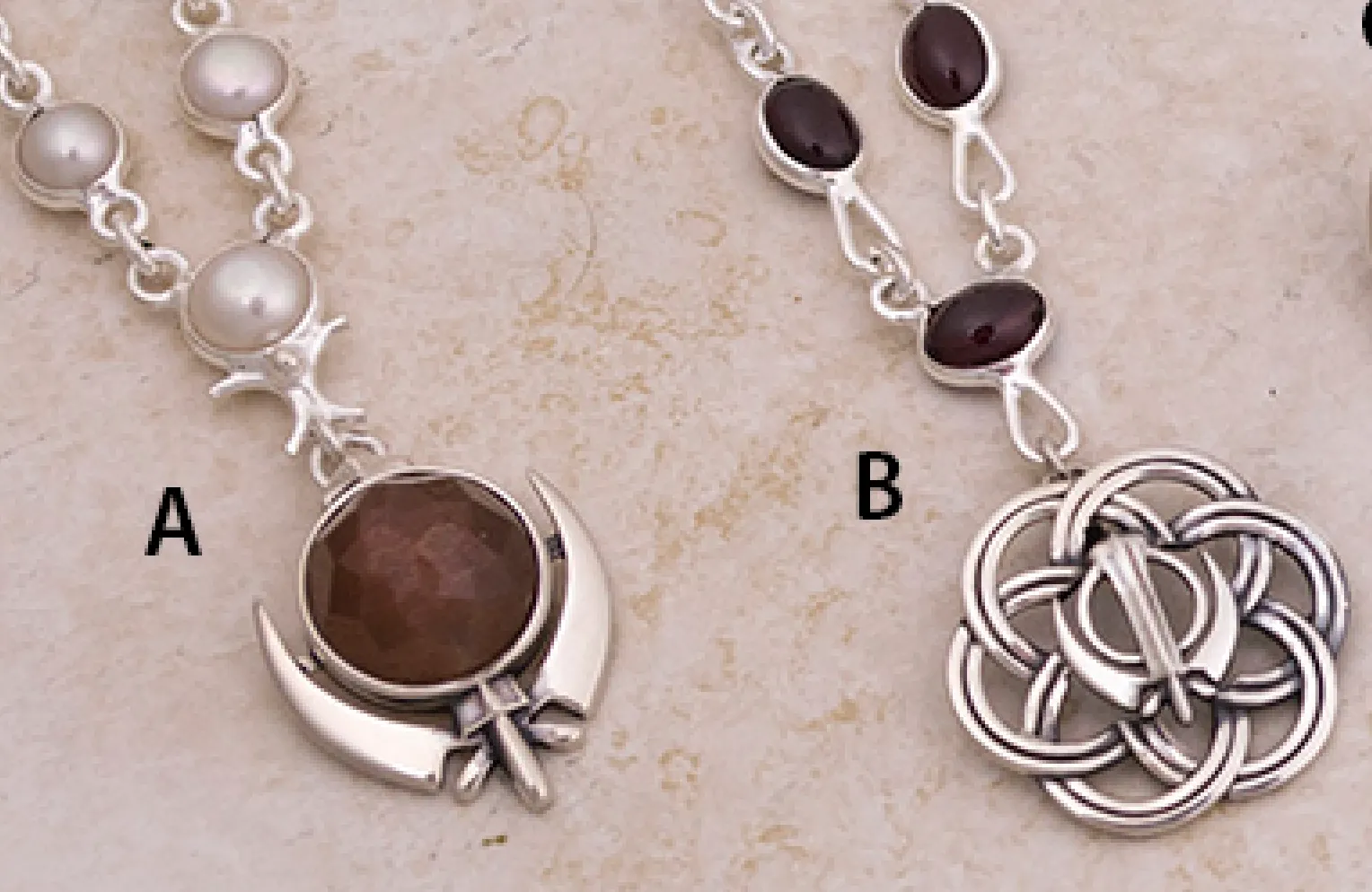 Flower of Life Adi Shakti pin pendants and pendants on gemstone and pearl necklaces and multi-faceted gemstone Adi Shakti pendants - on these same necklaces