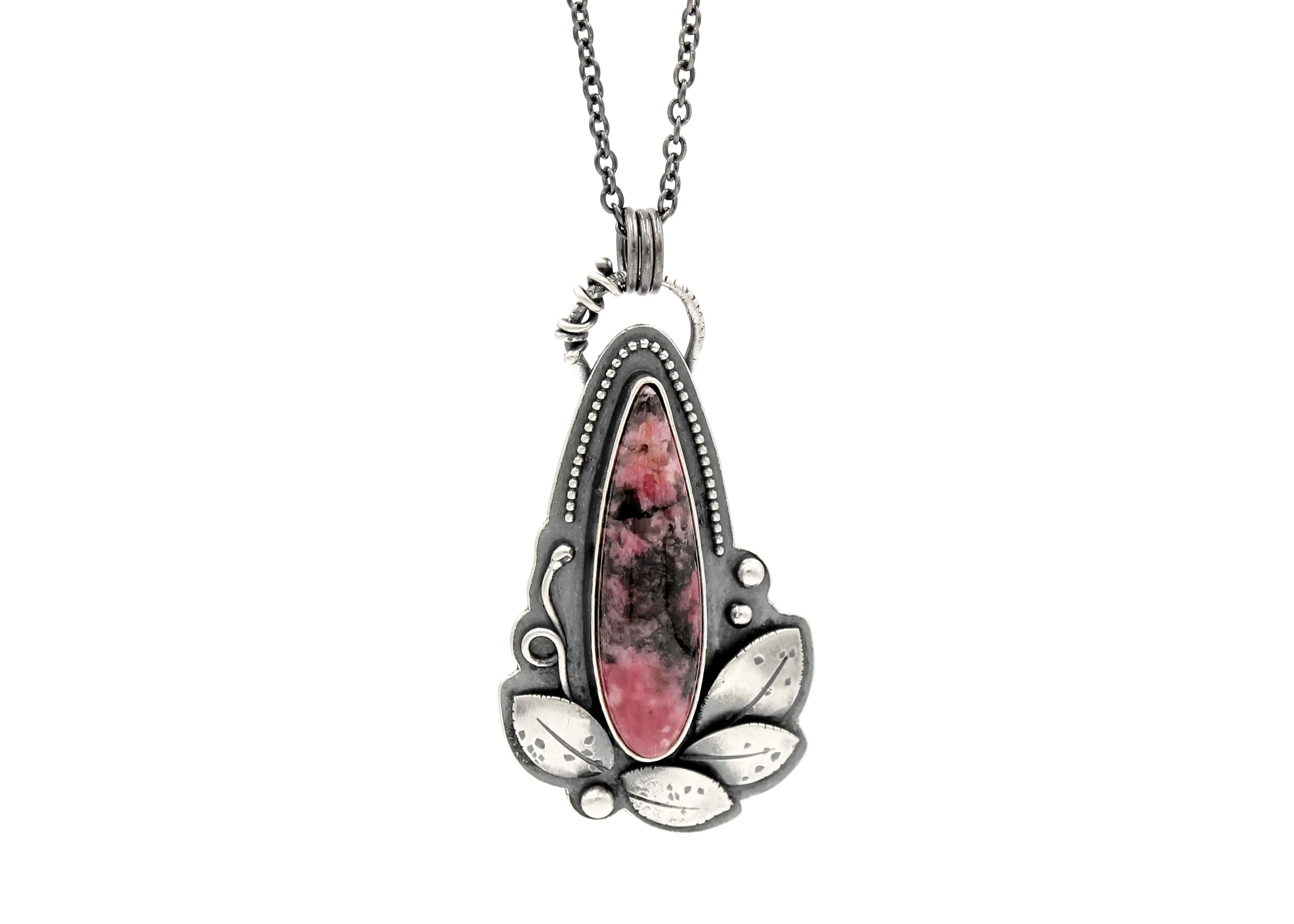 Gem Rhodonite Silver Botanical Theme Pendant Necklace