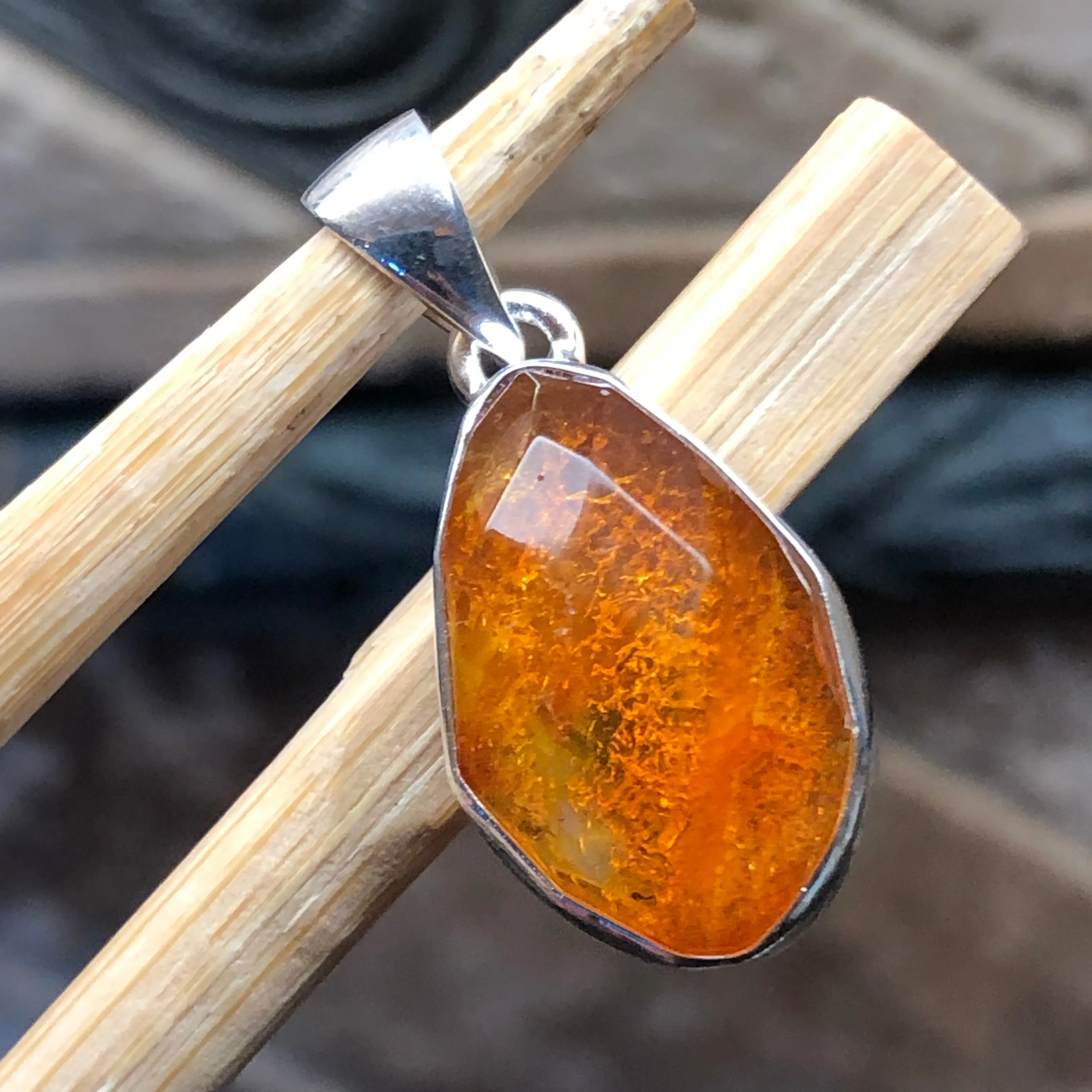 Genuine Baltic Amber 925 Solid Sterling Silver Pendant 27mm