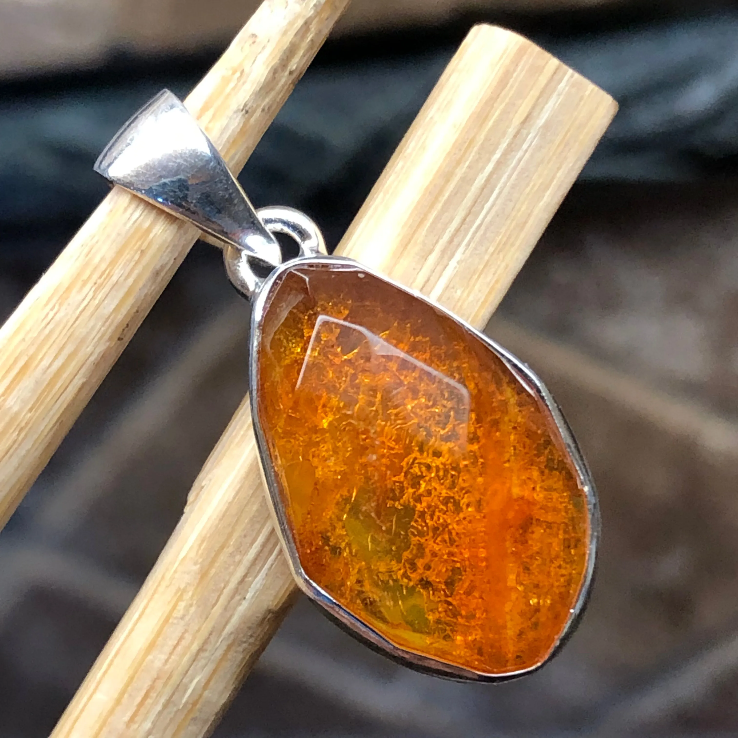 Genuine Baltic Amber 925 Solid Sterling Silver Pendant 27mm