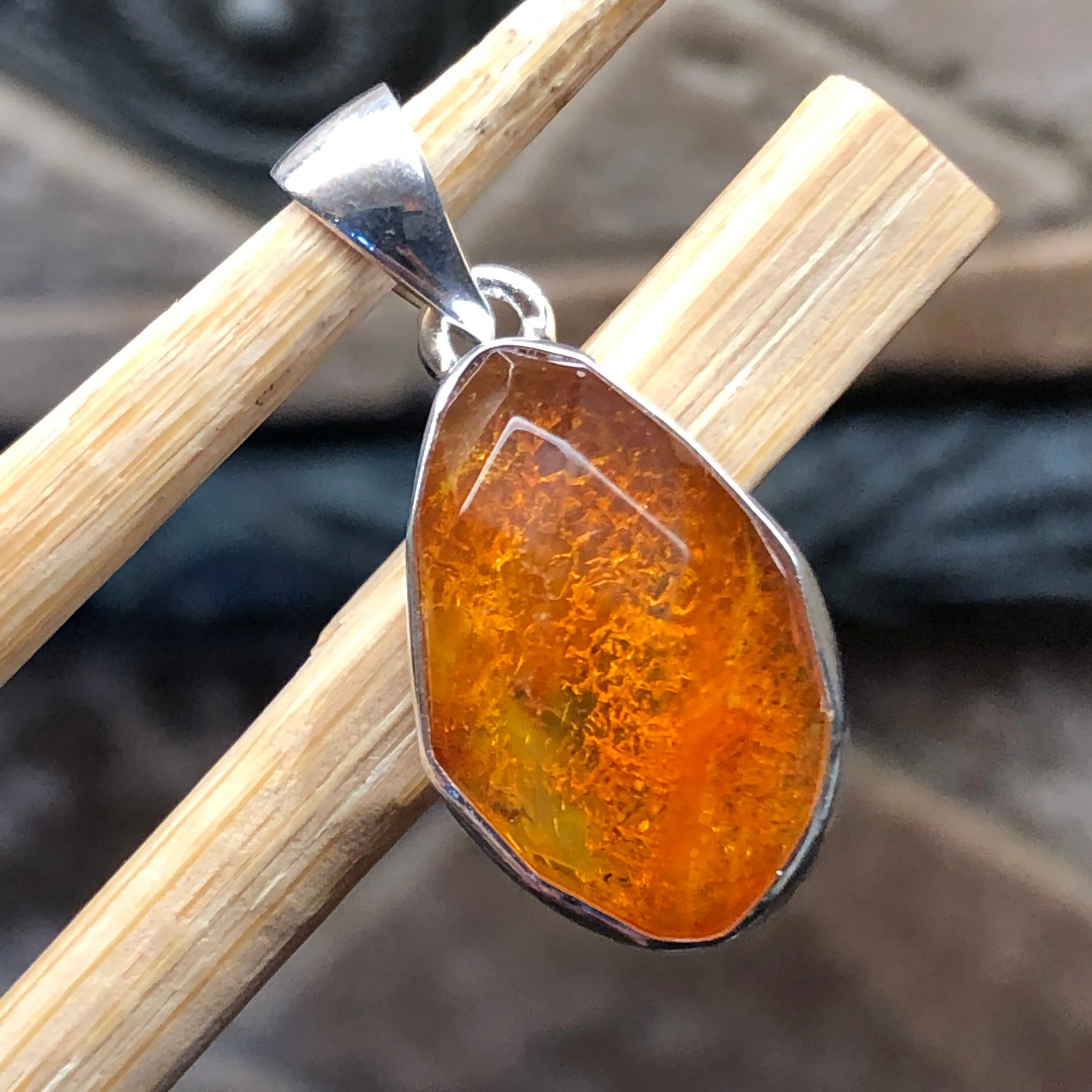 Genuine Baltic Amber 925 Solid Sterling Silver Pendant 27mm