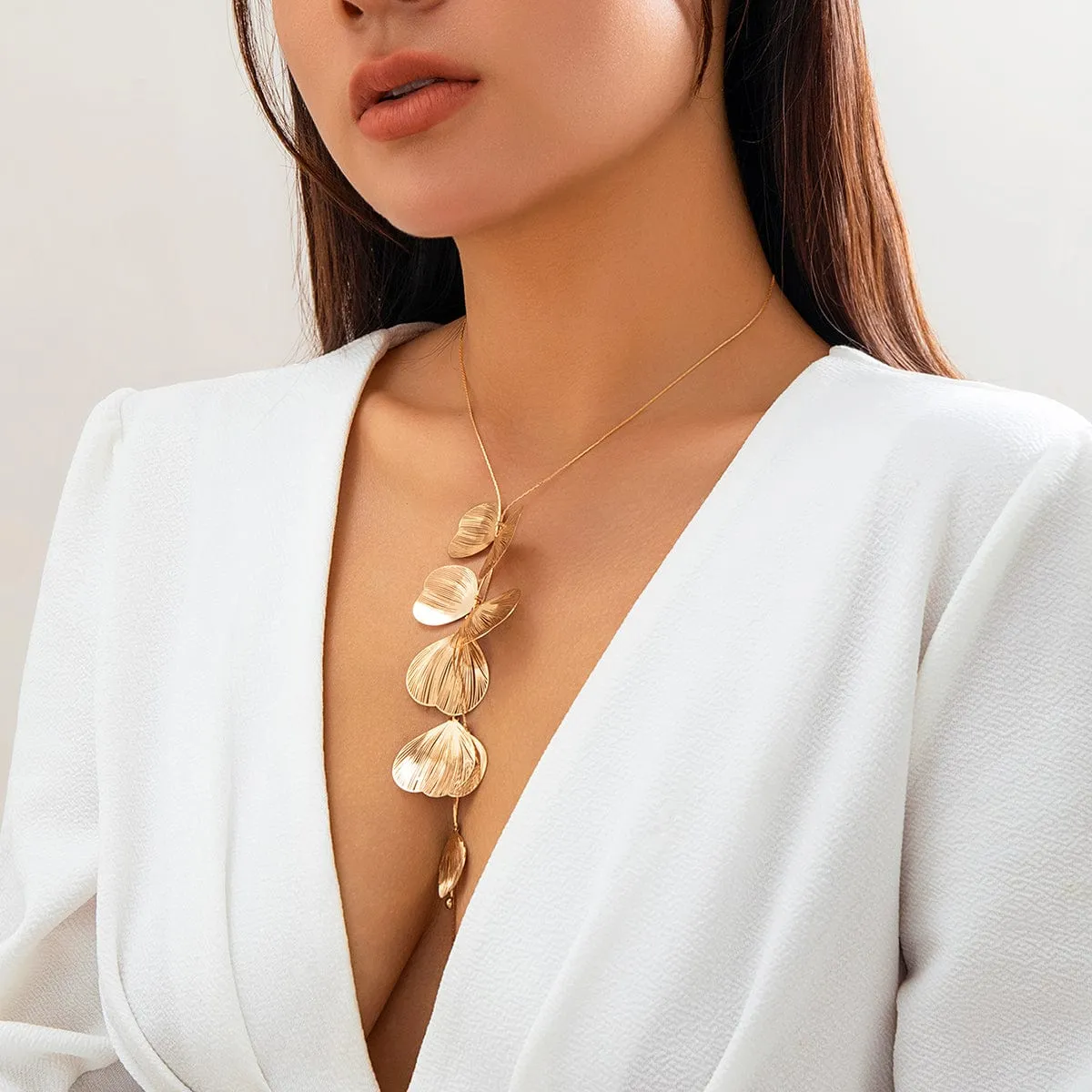 Geometric Gold Plated Leaf Pendant Y Necklace
