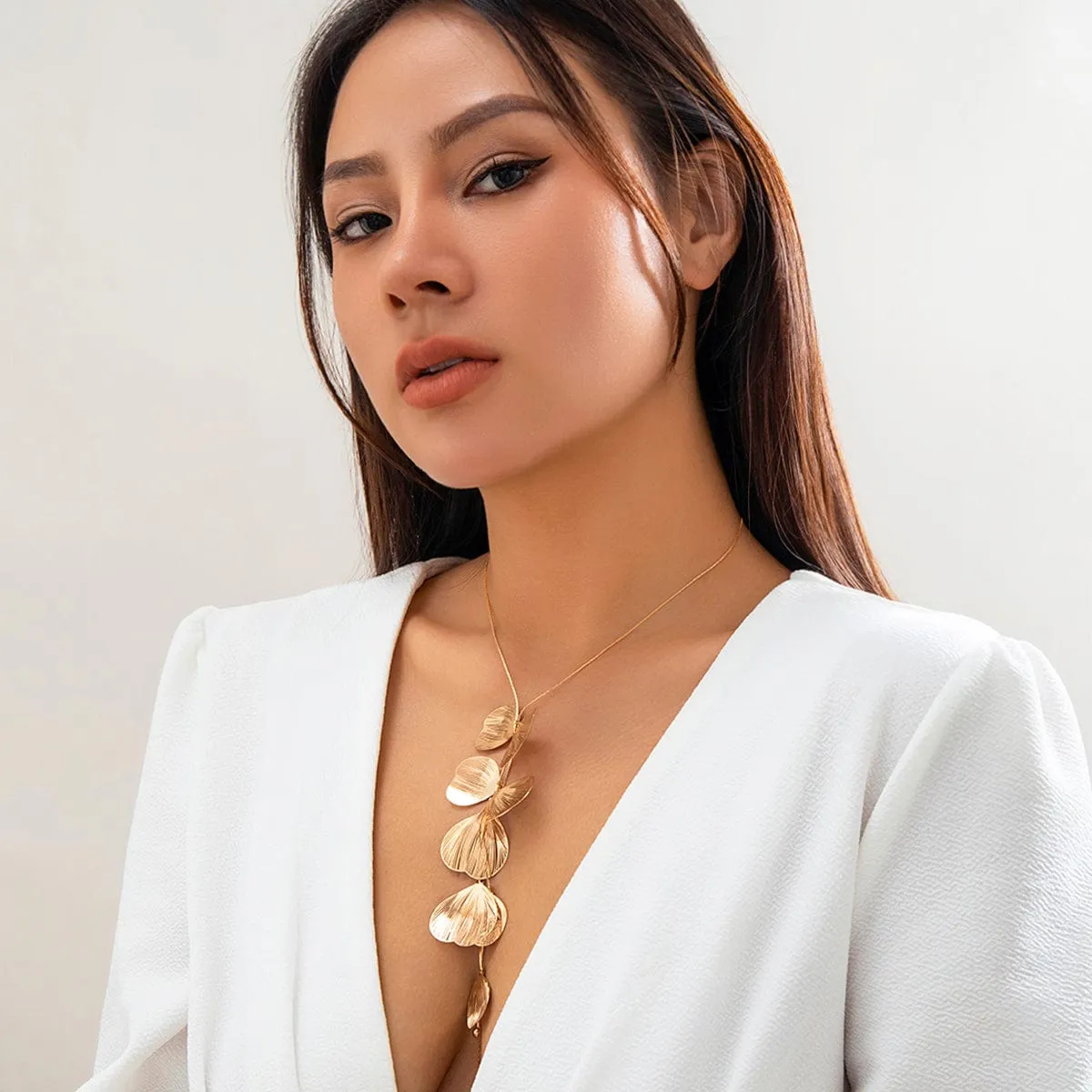 Geometric Gold Plated Leaf Pendant Y Necklace