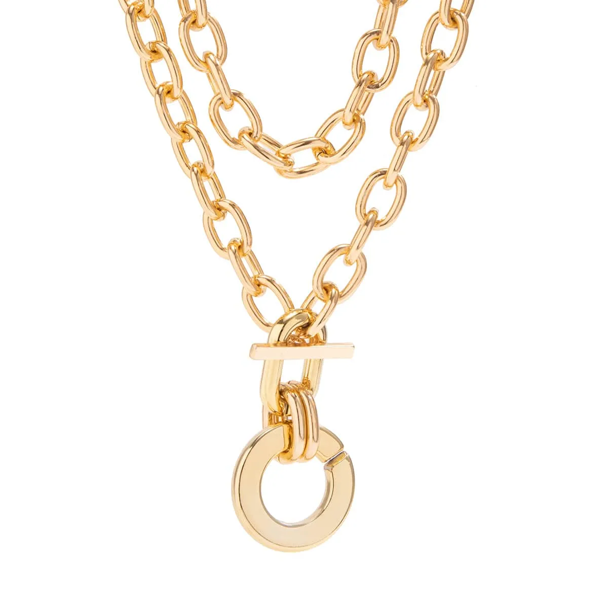 Geometric Rectangle Toggle Clasp Ring Pendant Cable Chain Necklace Set