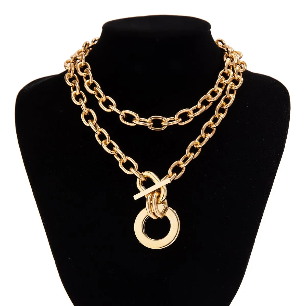 Geometric Rectangle Toggle Clasp Ring Pendant Cable Chain Necklace Set