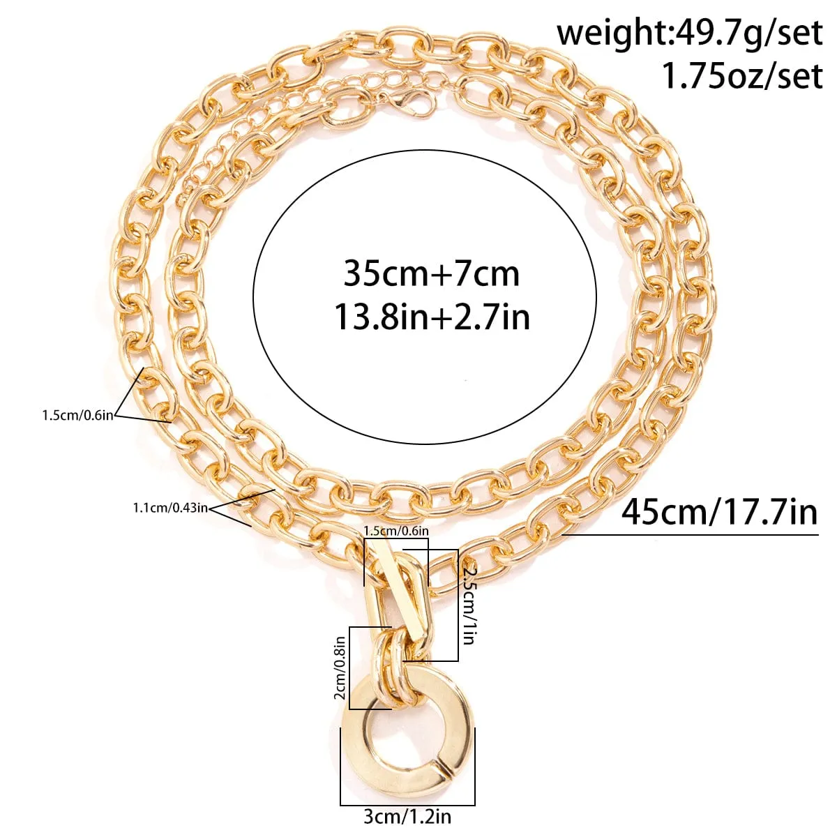 Geometric Rectangle Toggle Clasp Ring Pendant Cable Chain Necklace Set