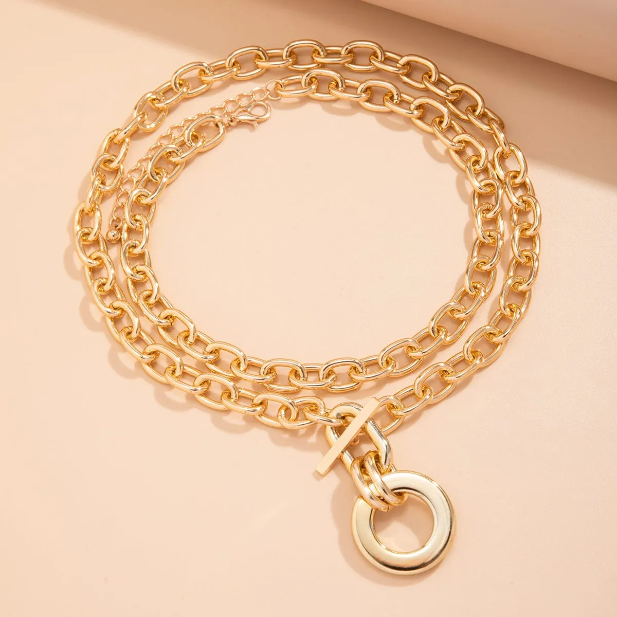 Geometric Rectangle Toggle Clasp Ring Pendant Cable Chain Necklace Set