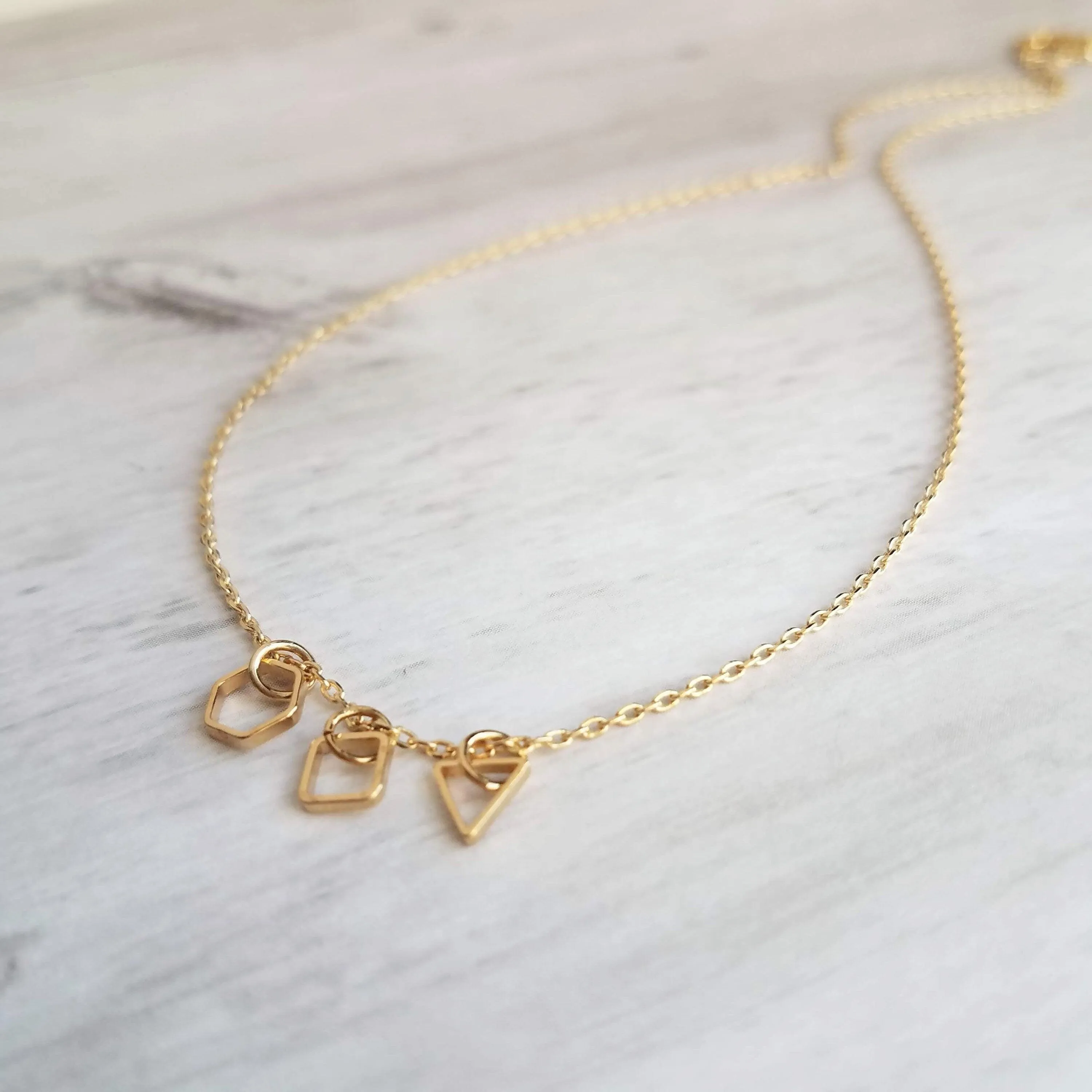 Geometry Necklace - tiny gold square, triangle & hexagon shape charms on thin delicate chain - 14K gold fill available - math necklace, gift