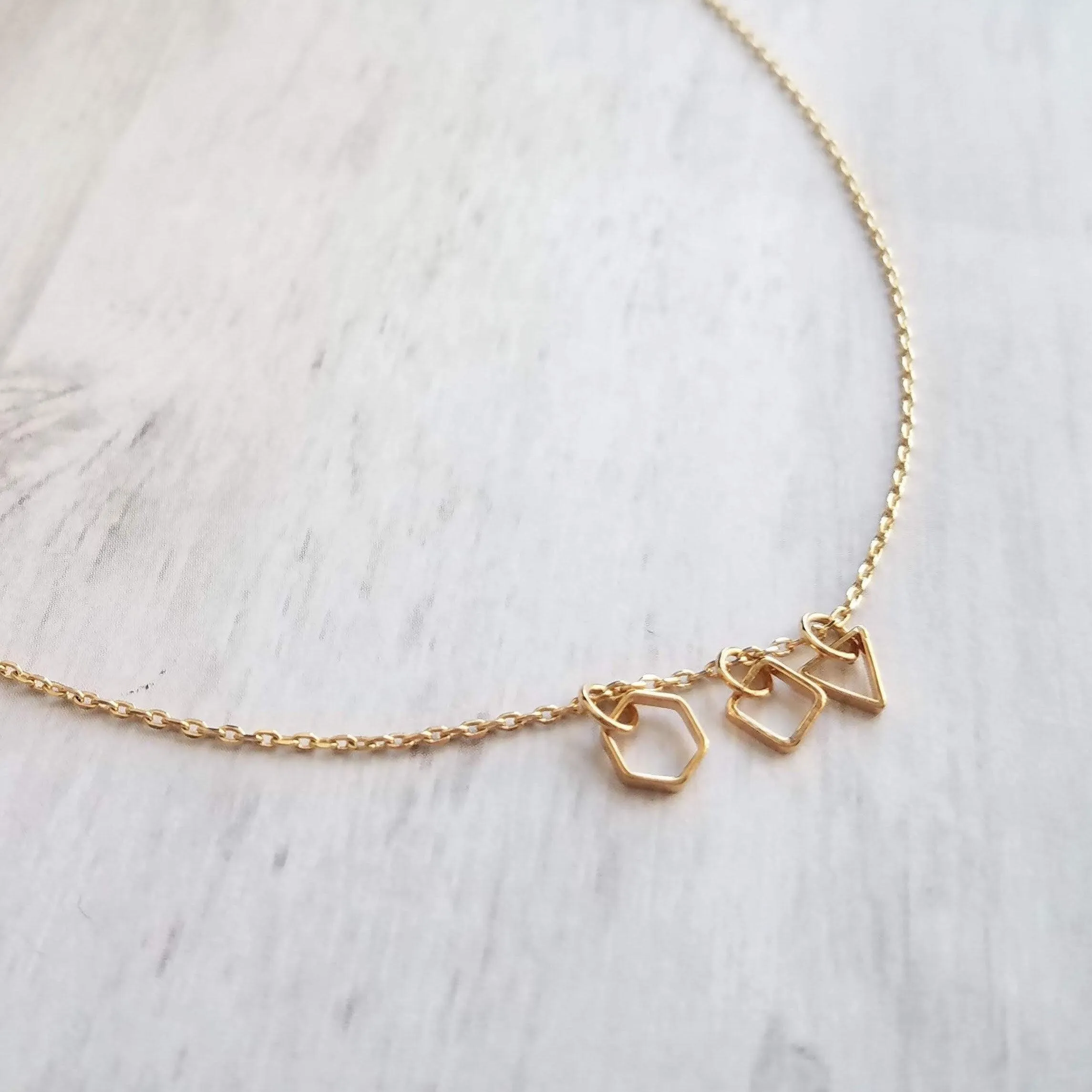 Geometry Necklace - tiny gold square, triangle & hexagon shape charms on thin delicate chain - 14K gold fill available - math necklace, gift