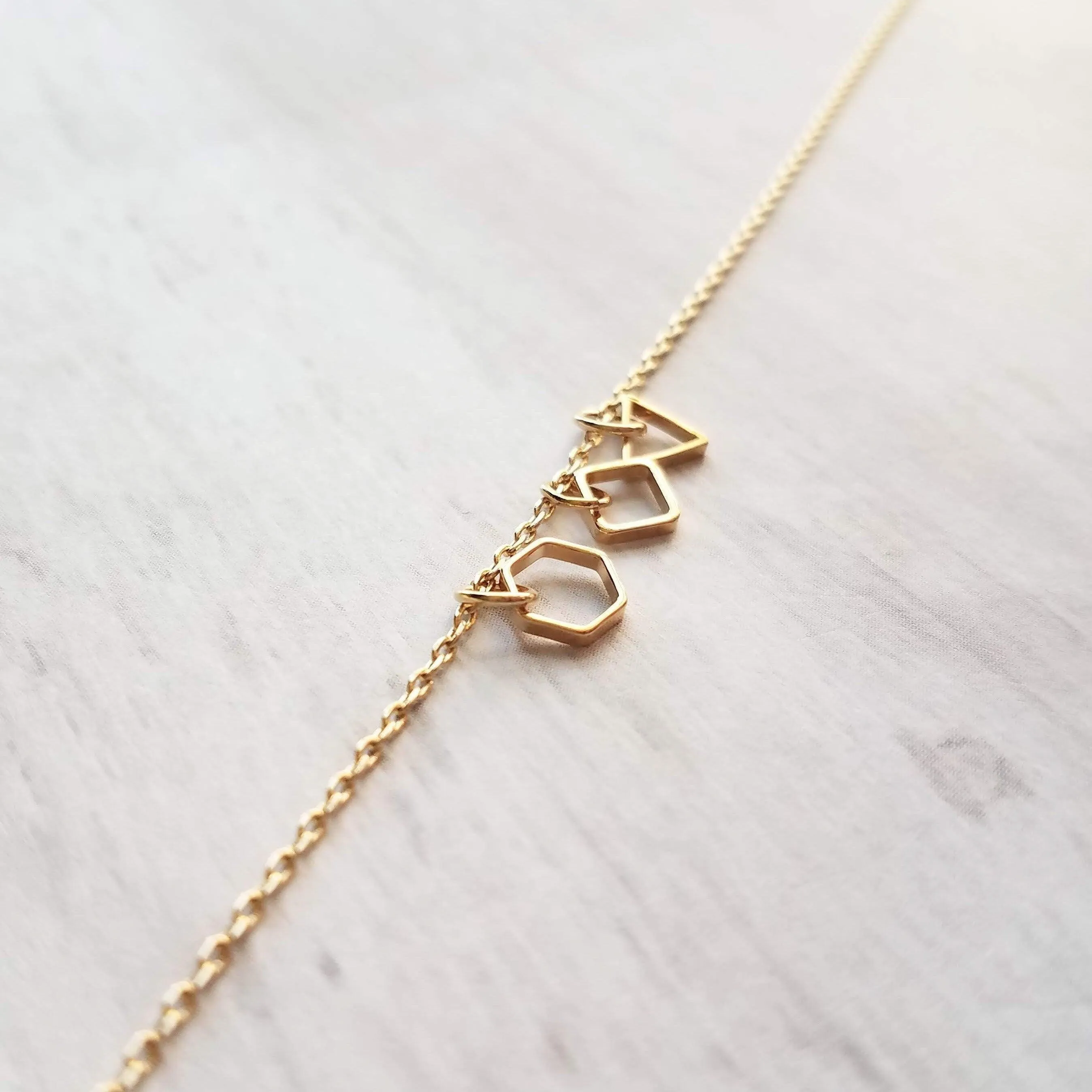 Geometry Necklace - tiny gold square, triangle & hexagon shape charms on thin delicate chain - 14K gold fill available - math necklace, gift
