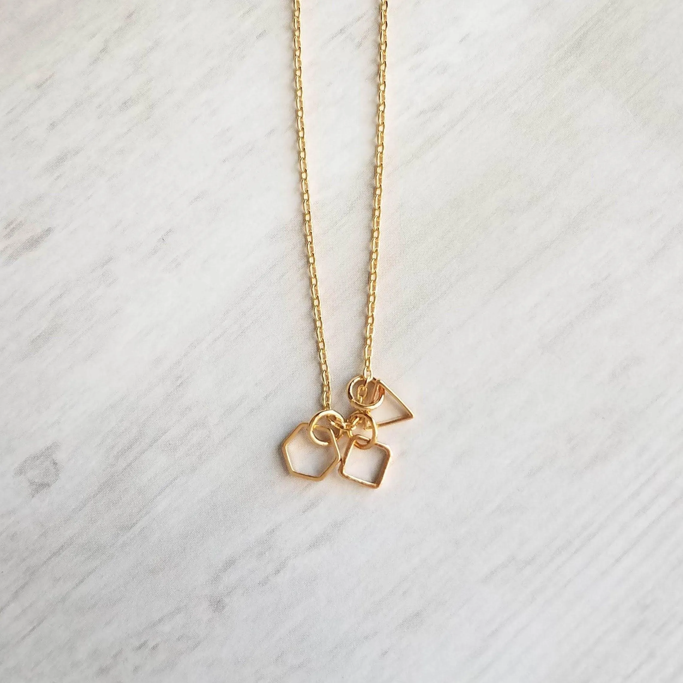 Geometry Necklace - tiny gold square, triangle & hexagon shape charms on thin delicate chain - 14K gold fill available - math necklace, gift