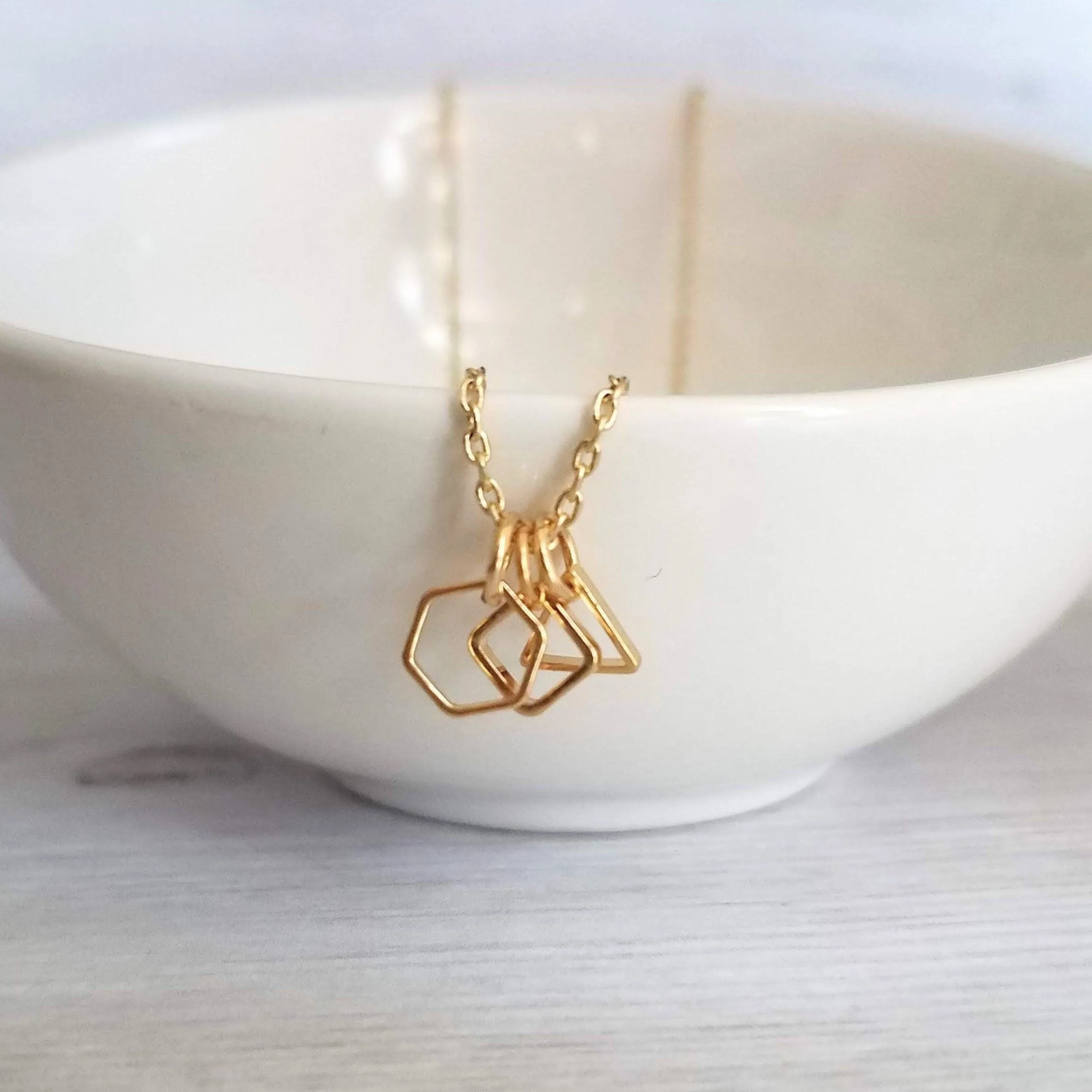 Geometry Necklace - tiny gold square, triangle & hexagon shape charms on thin delicate chain - 14K gold fill available - math necklace, gift