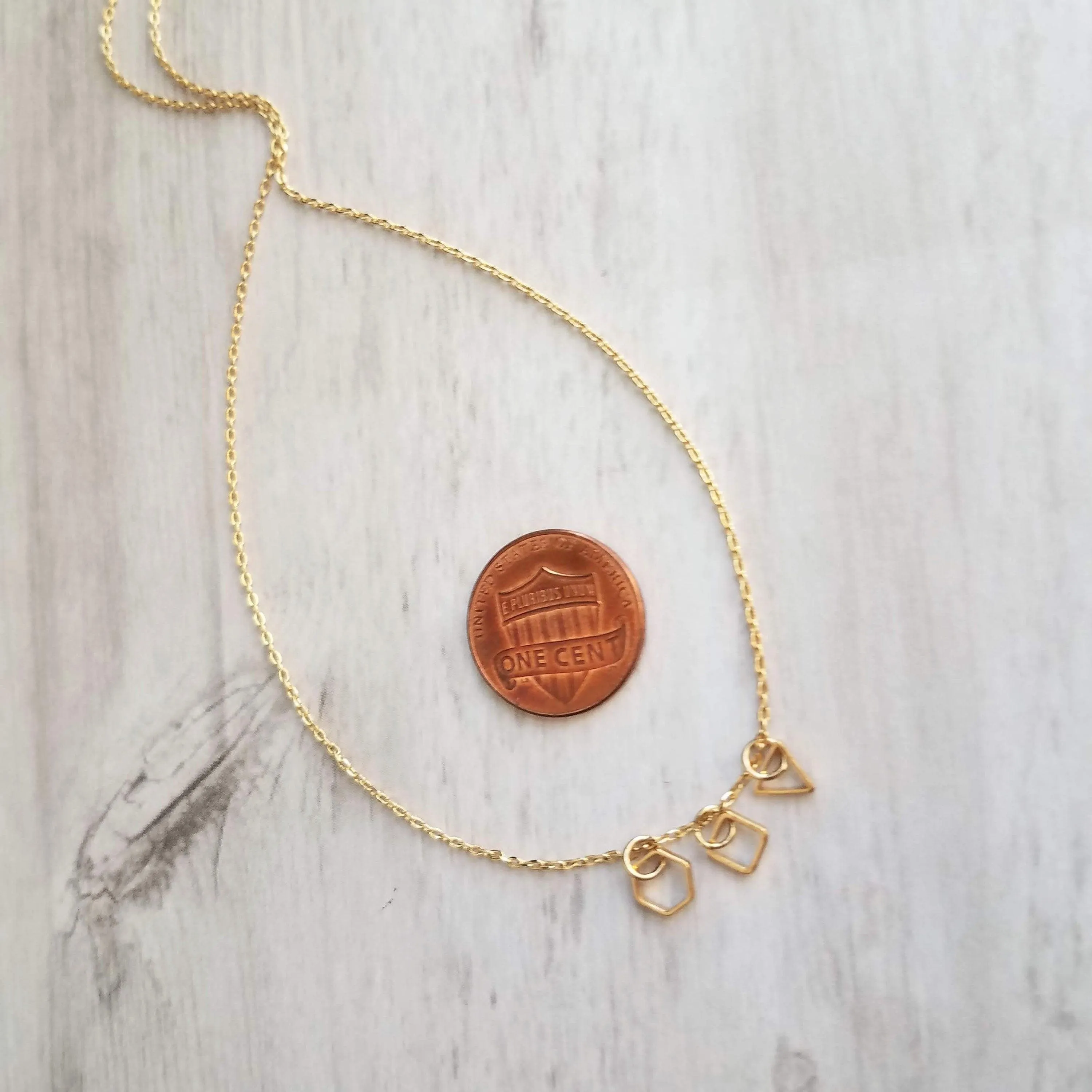 Geometry Necklace - tiny gold square, triangle & hexagon shape charms on thin delicate chain - 14K gold fill available - math necklace, gift