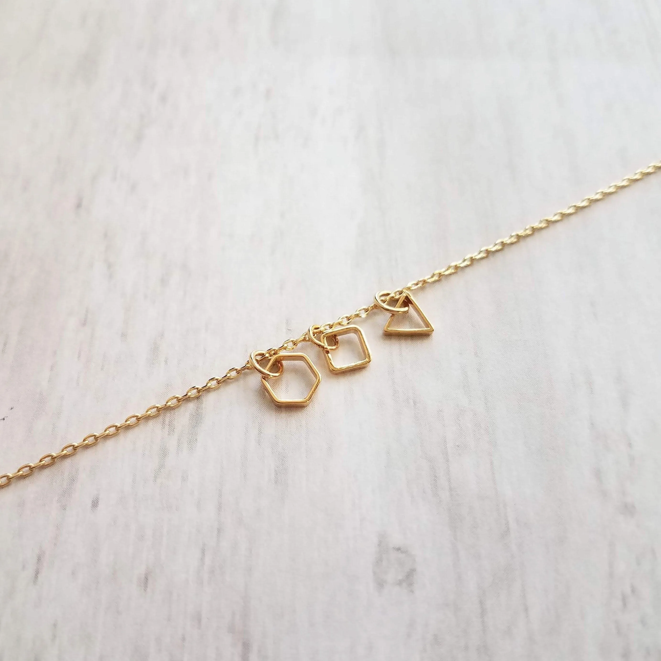Geometry Necklace - tiny gold square, triangle & hexagon shape charms on thin delicate chain - 14K gold fill available - math necklace, gift
