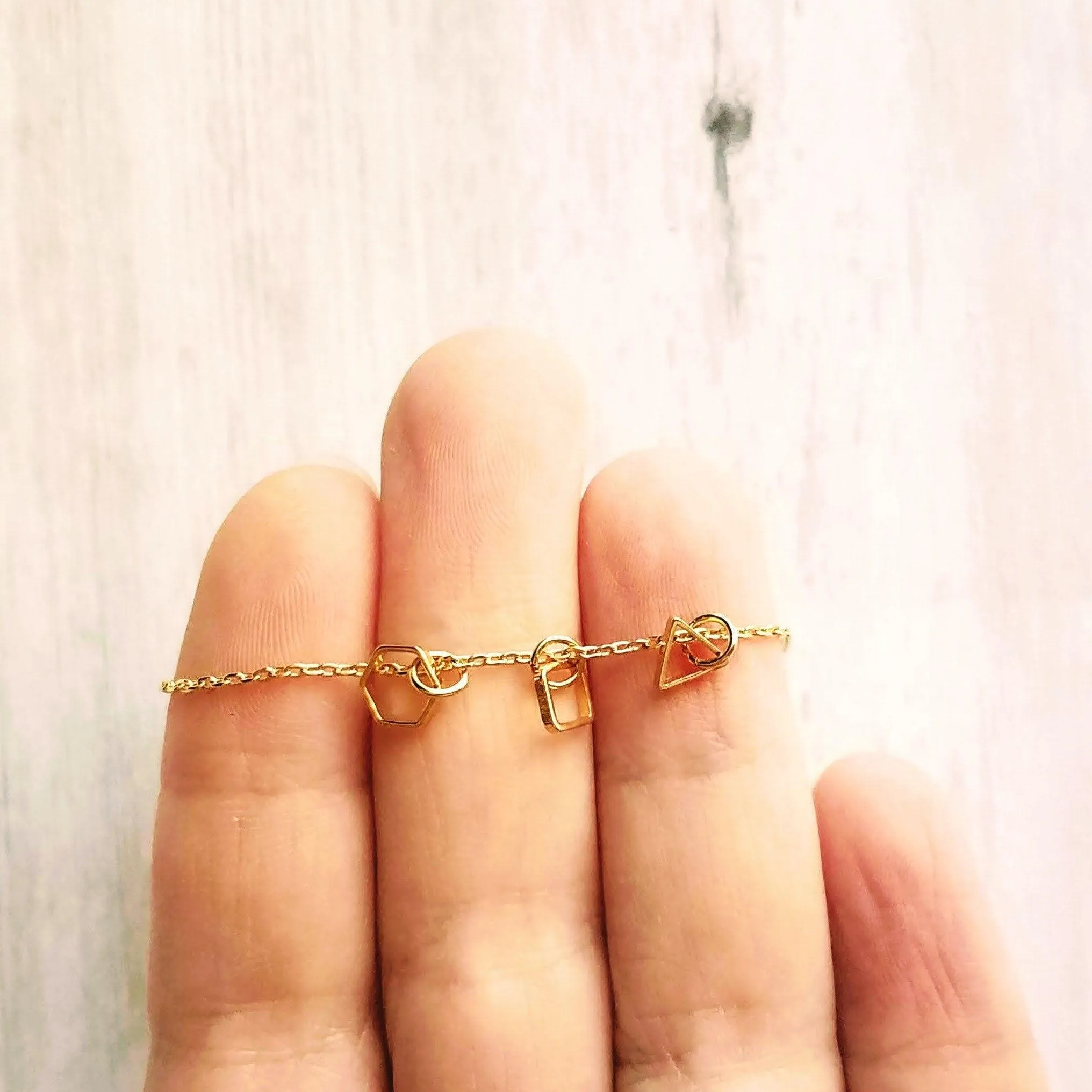 Geometry Necklace - tiny gold square, triangle & hexagon shape charms on thin delicate chain - 14K gold fill available - math necklace, gift