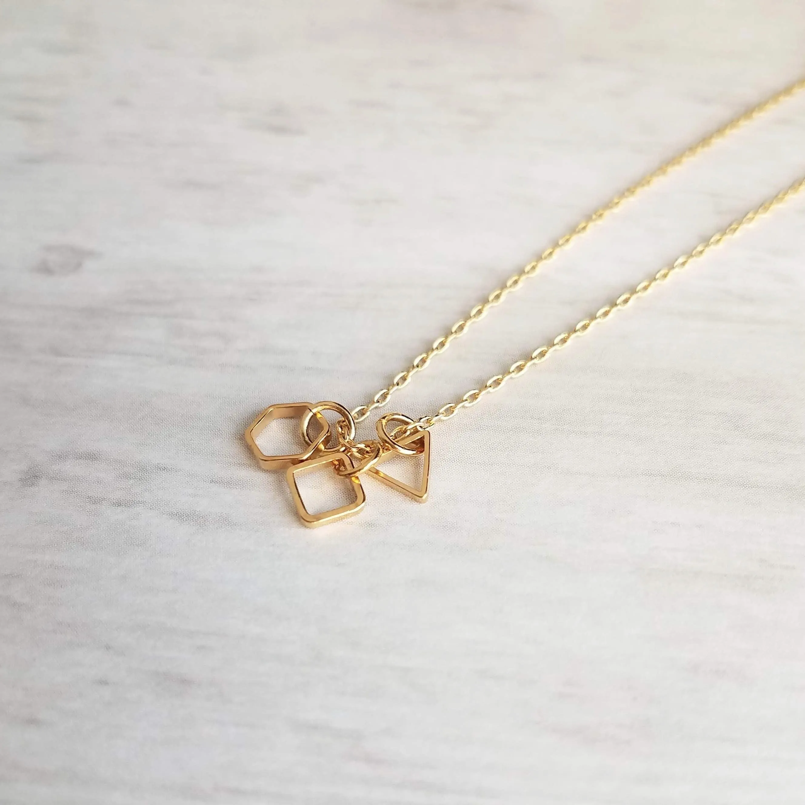 Geometry Necklace - tiny gold square, triangle & hexagon shape charms on thin delicate chain - 14K gold fill available - math necklace, gift