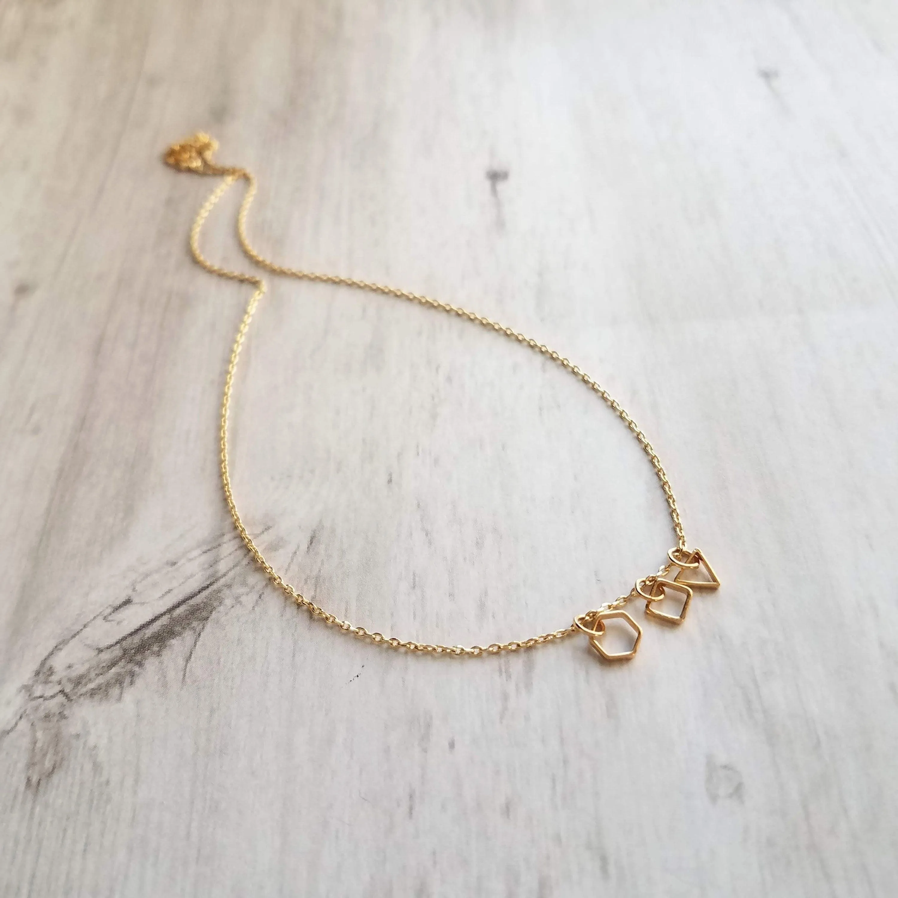 Geometry Necklace - tiny gold square, triangle & hexagon shape charms on thin delicate chain - 14K gold fill available - math necklace, gift
