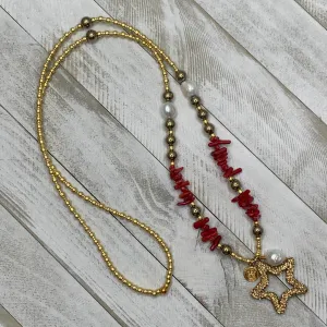 Glass Seed Beads Combined with Coral Chips, Fresh Water Pearl, Electroplated Hematite beads Necklace and a Star Pendant 330-06 | Erika Williner Designs -