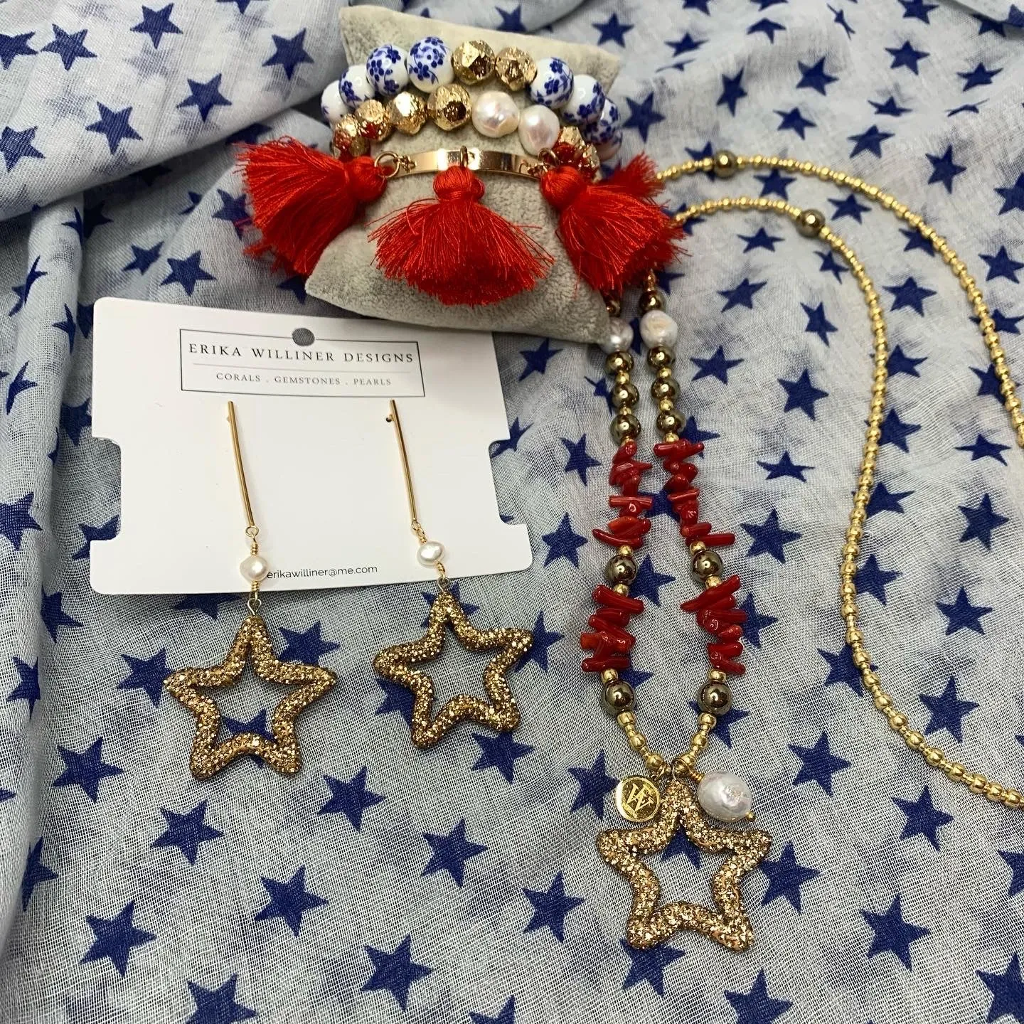 Glass Seed Beads Combined with Coral Chips, Fresh Water Pearl, Electroplated Hematite beads Necklace and a Star Pendant 330-06 | Erika Williner Designs -