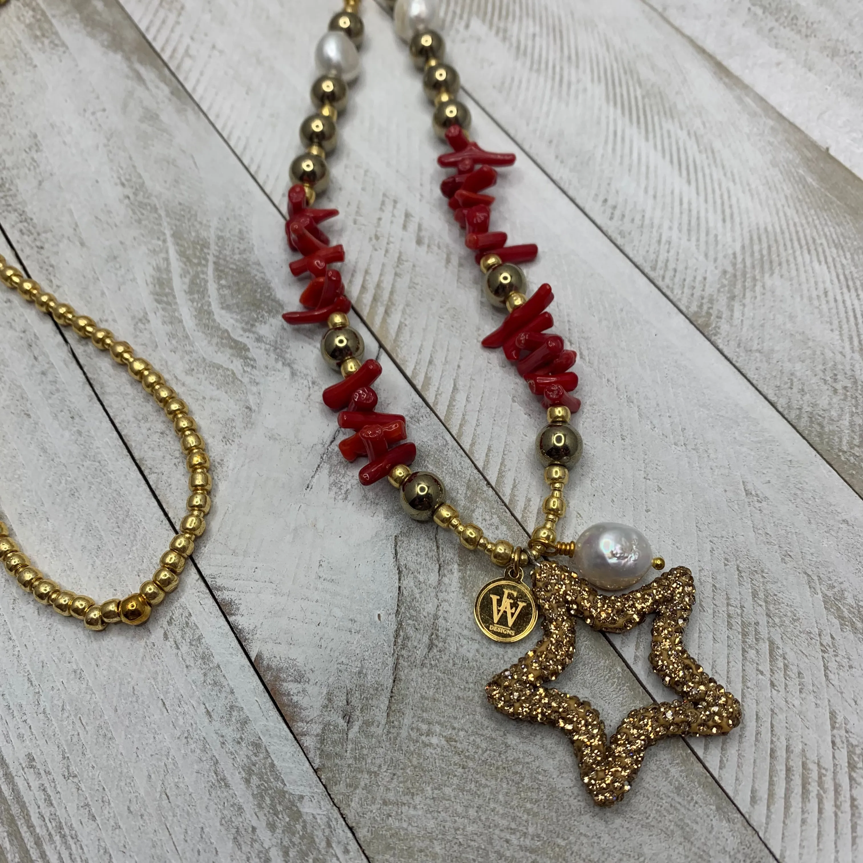 Glass Seed Beads Combined with Coral Chips, Fresh Water Pearl, Electroplated Hematite beads Necklace and a Star Pendant 330-06 | Erika Williner Designs -