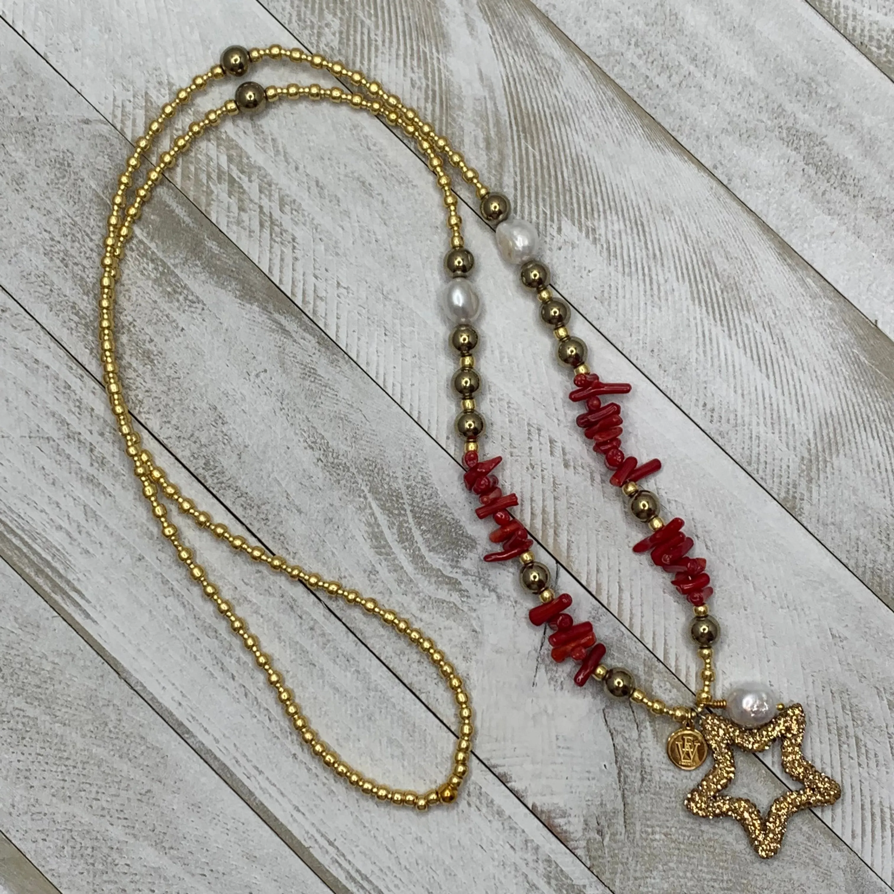 Glass Seed Beads Combined with Coral Chips, Fresh Water Pearl, Electroplated Hematite beads Necklace and a Star Pendant 330-06 | Erika Williner Designs -