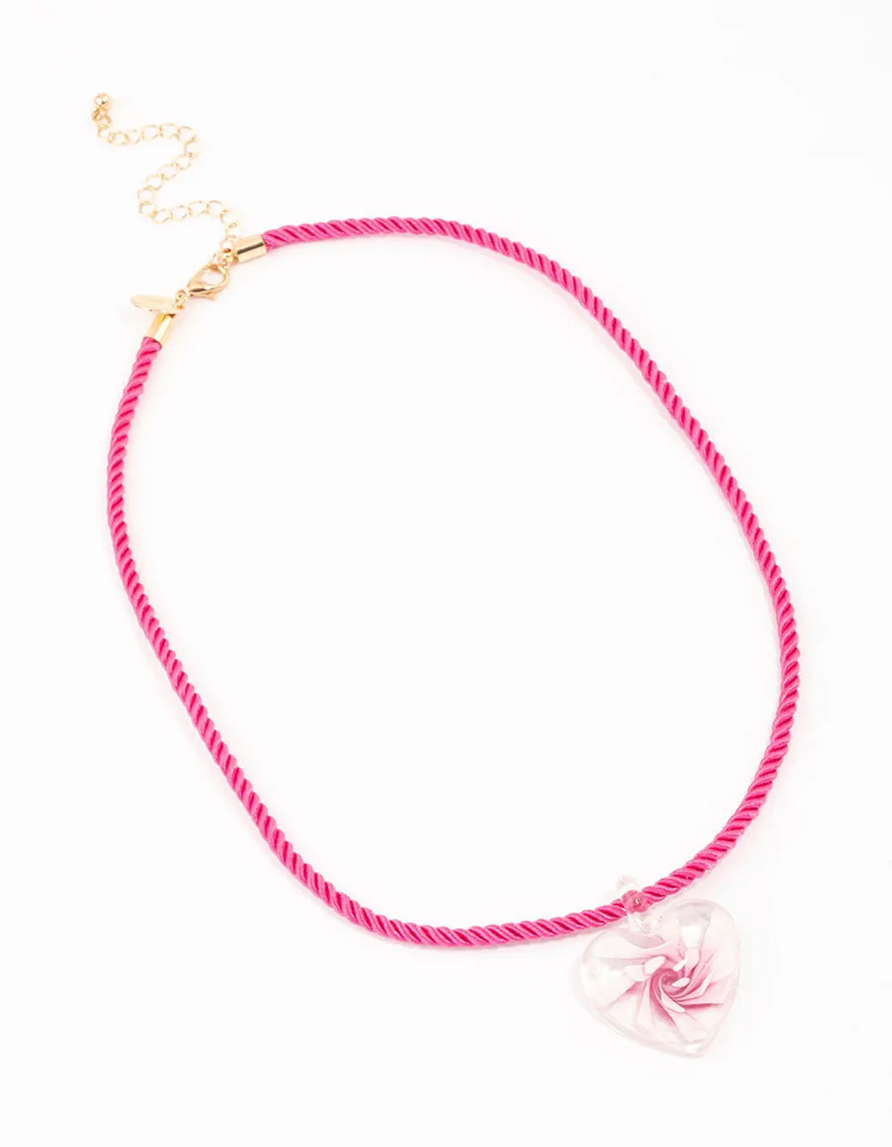 Gold & Pink Twisted Cord Flower Heart Pendant Necklace