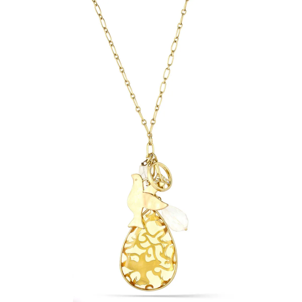 GOLD FILIGREE YELLOW TEARDROP FACETED PENDANT WHITE CRYSTAL PEACE  NECKLACES #172GD1801 (4D1)