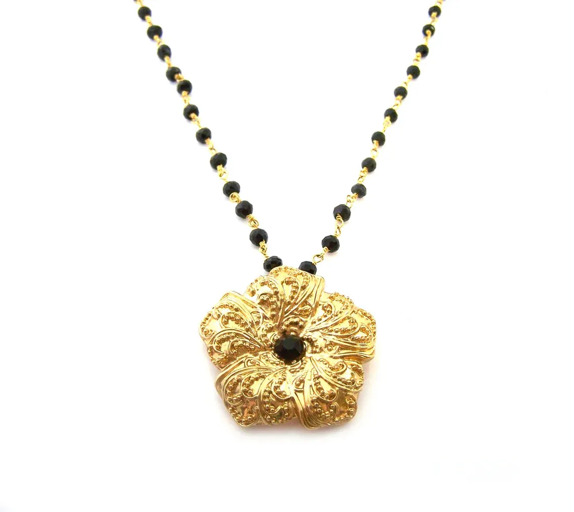 Gold Flower Black Onyx Gemstone Ornate Vintage Inspired OOAK Gold Filled Wire Wrapped Necklace